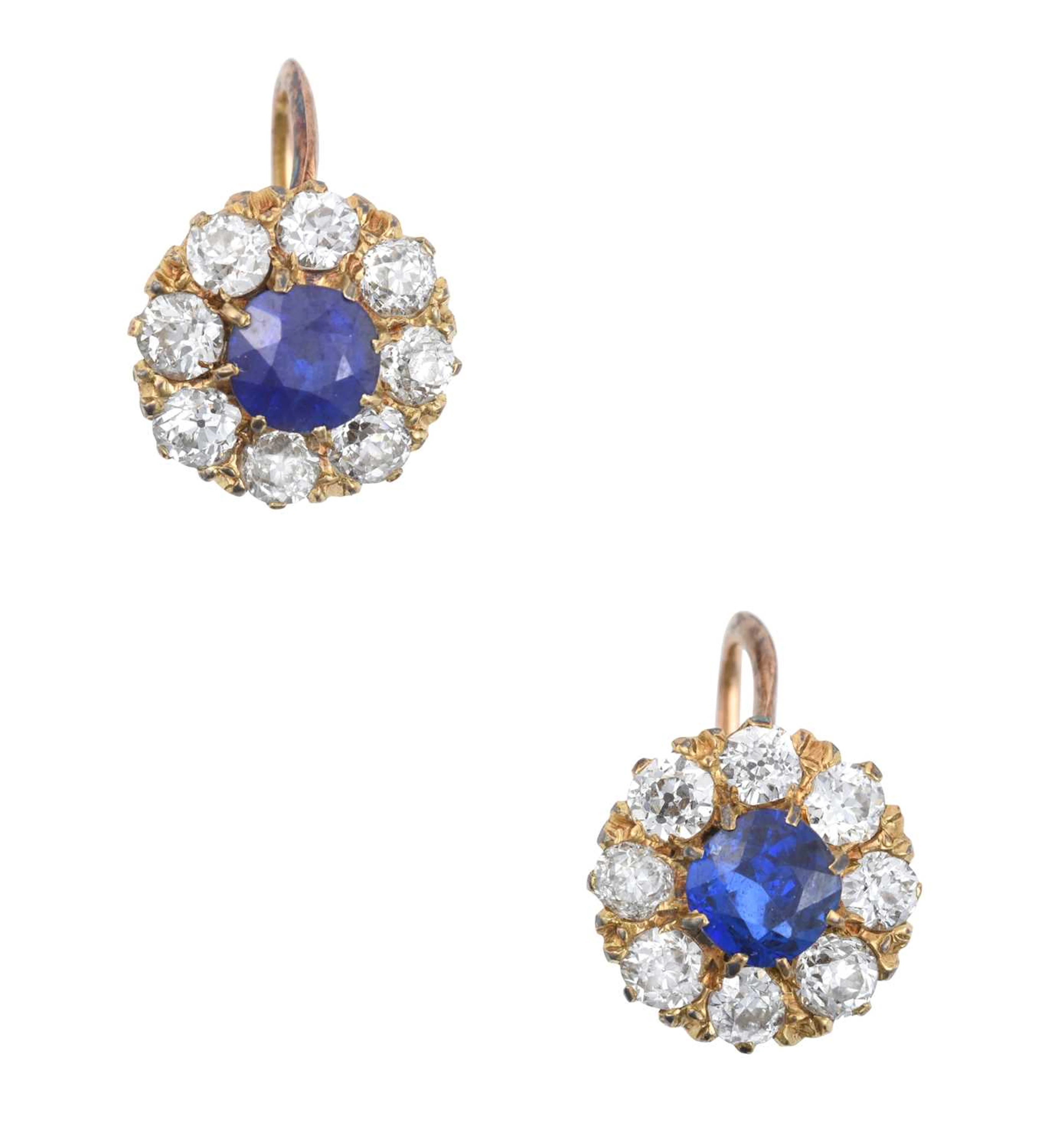 A Pair of Sapphire and Diamond Cluster Earrings