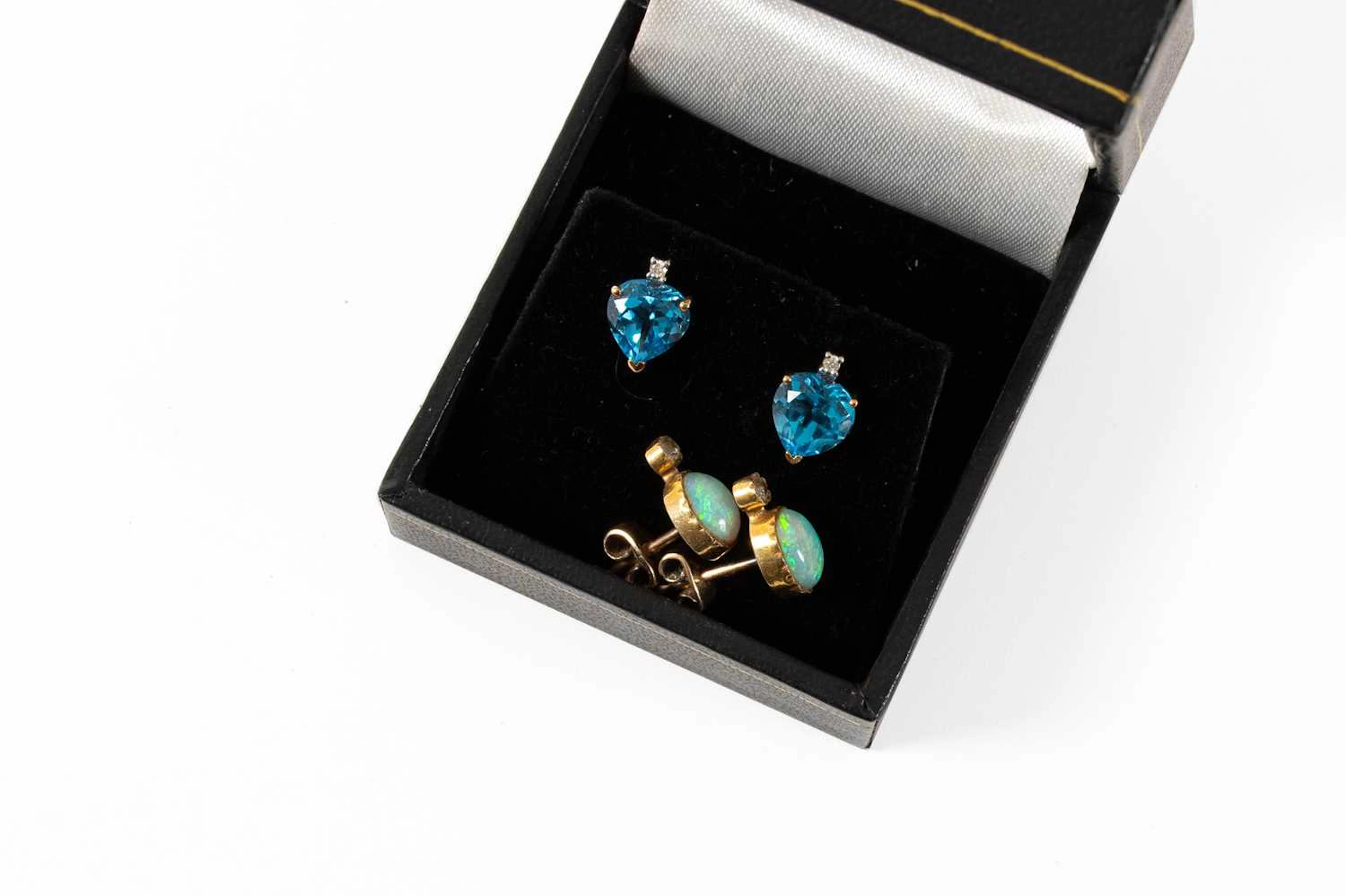 A Pair of Opal and Diamond Earrings, A Pair of Blue Topaz and Diamond Earrings