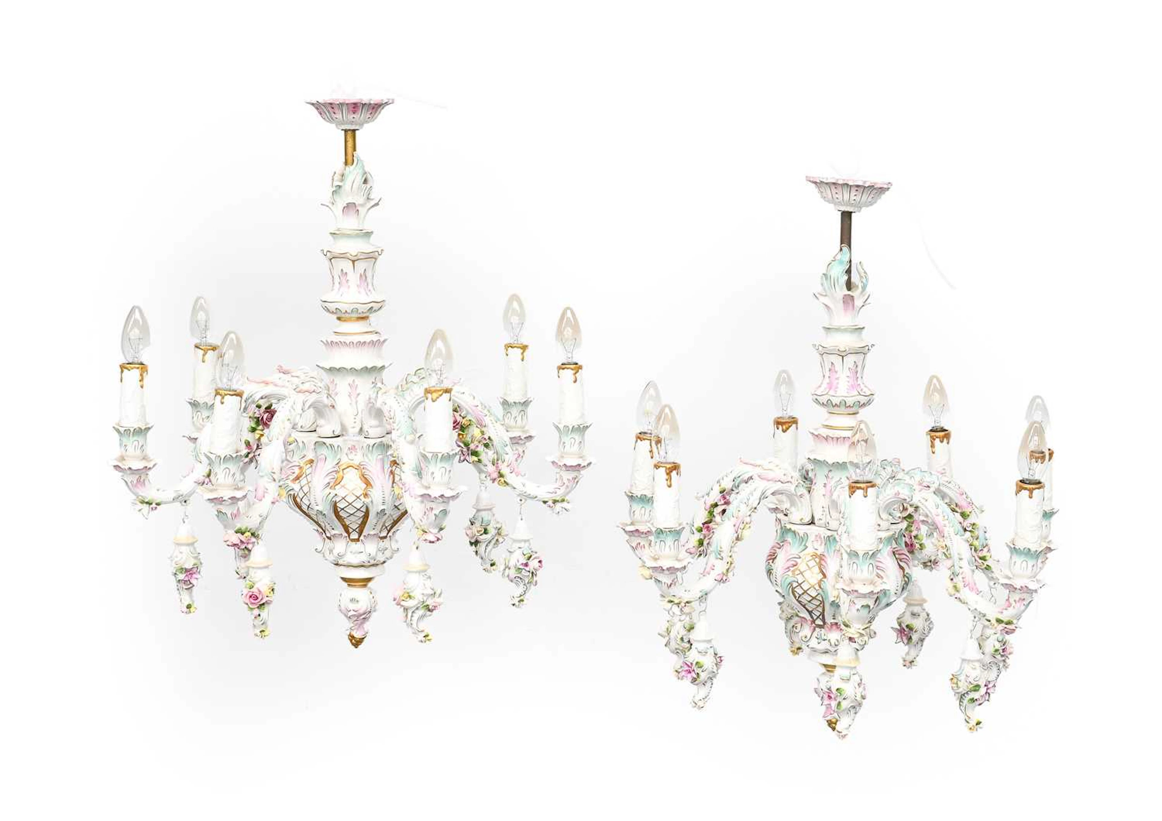 A Pair of Dresden Porcelain Seven-Light Electroliers, late 19th/early