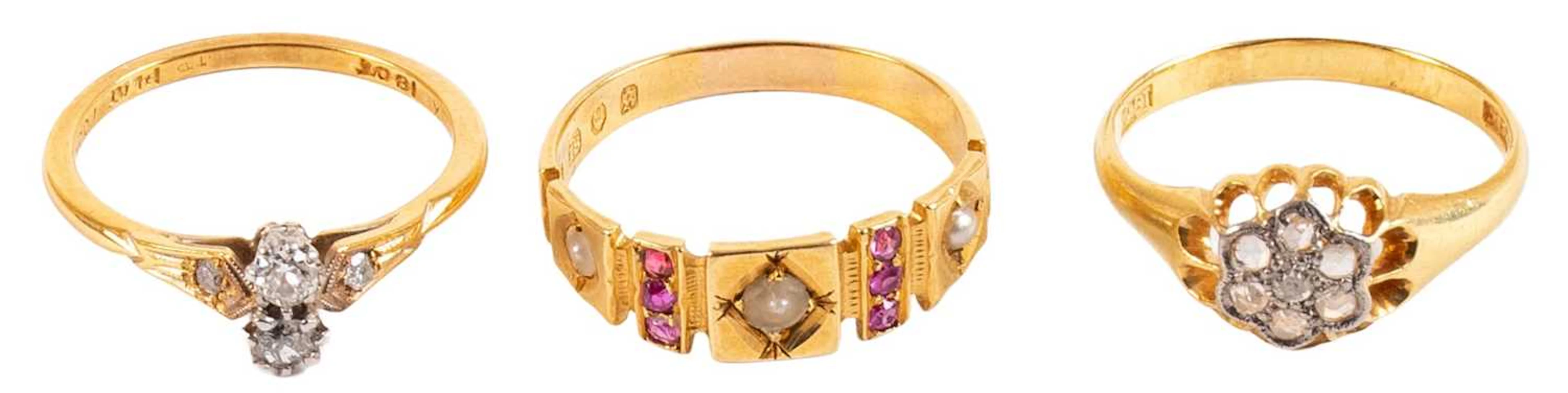 A Diamond Ring, An 18 Carat Gold Ruby and Pearl Ring, A Diamond Cluster Ring