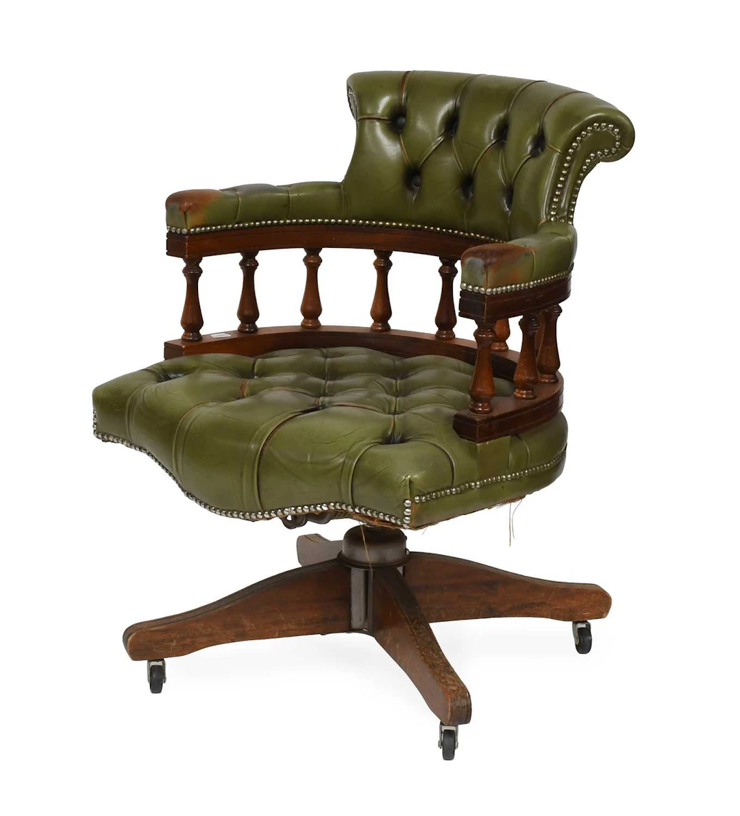 A Buttoned Green Leather Swivelling Office Chair