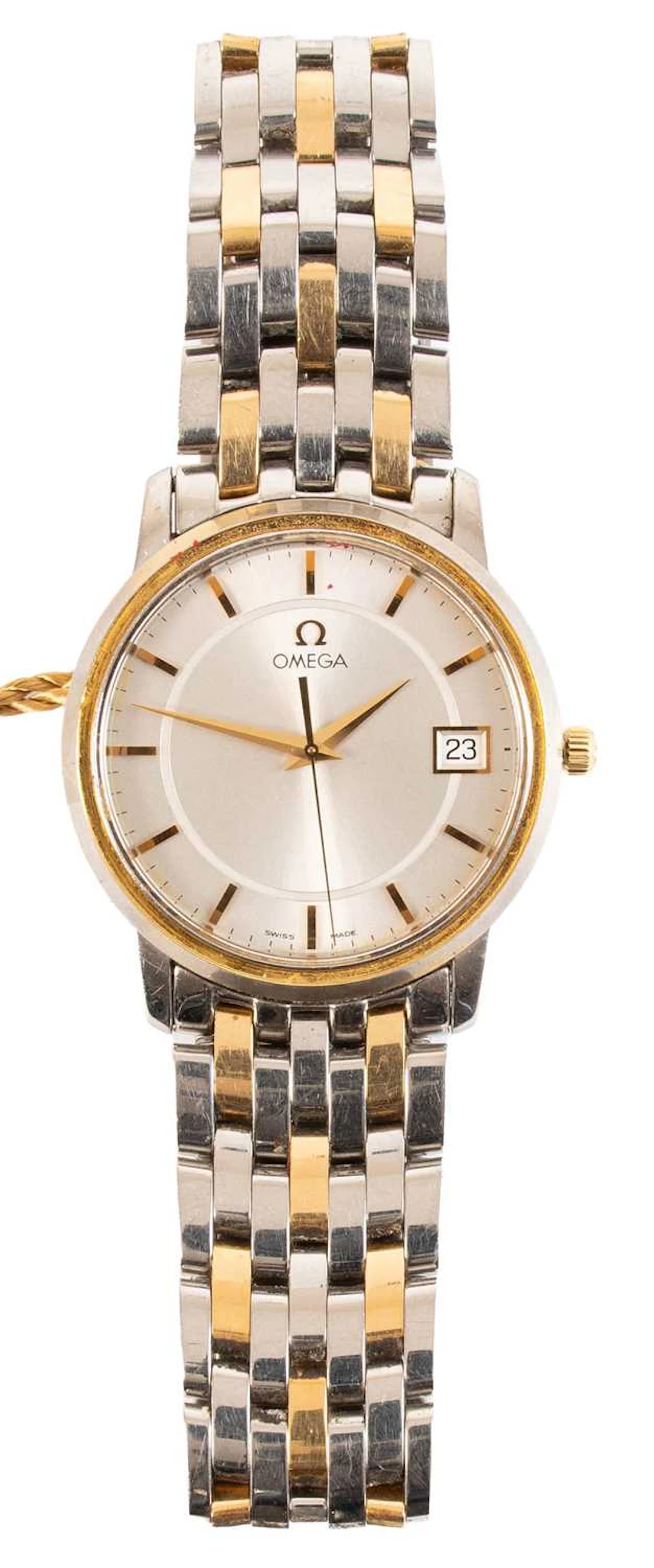 A Bi-Metal Calendar Centre Seconds Wristwatch, signed Omega, 1990's