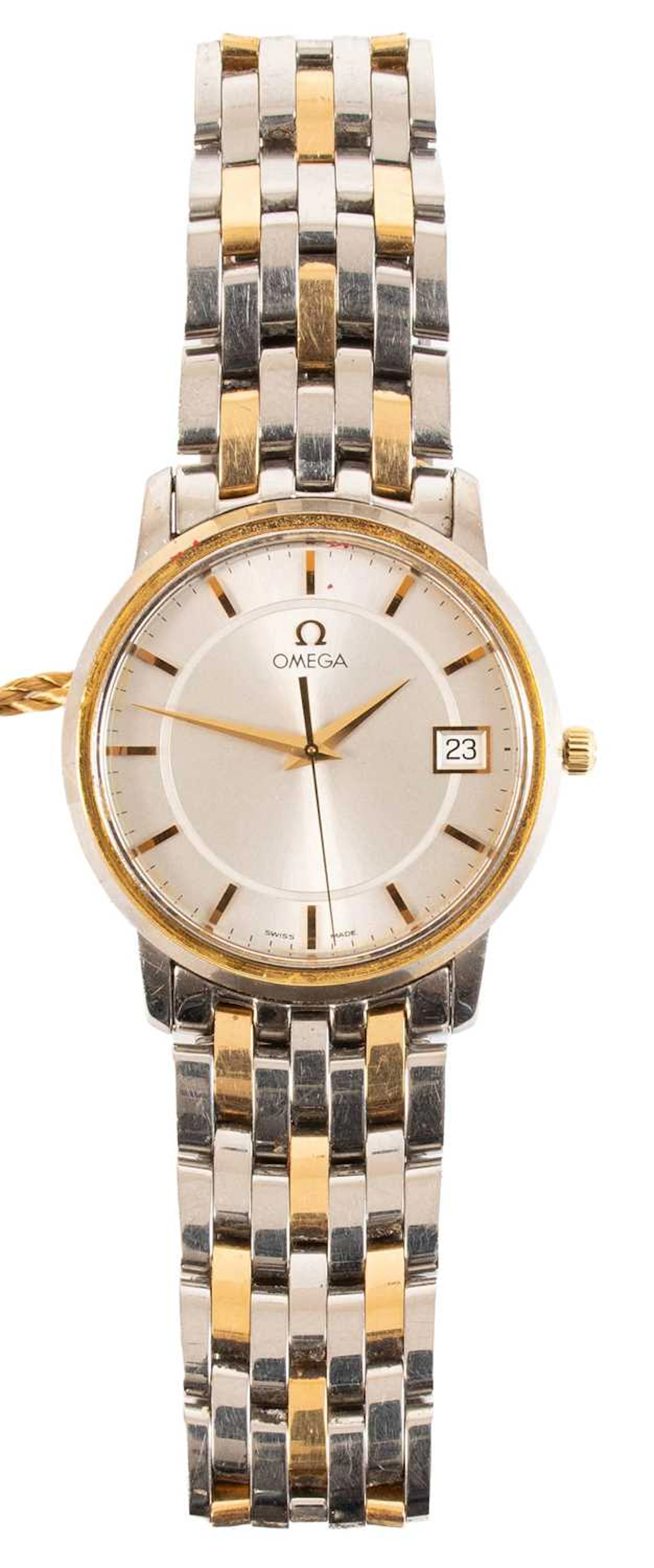 A Bi-Metal Calendar Centre Seconds Wristwatch, signed Omega, 1990's