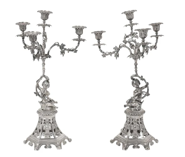 A Pair of Portuguese Silver Four-Light Candelabra Probably by Abel
