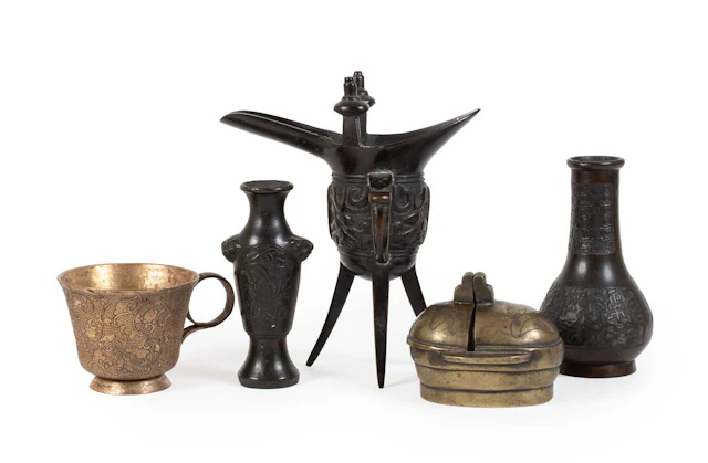 A Chinese Bronze Libation Vessel, Jue, A Similar Bottle Vase, A Baluster