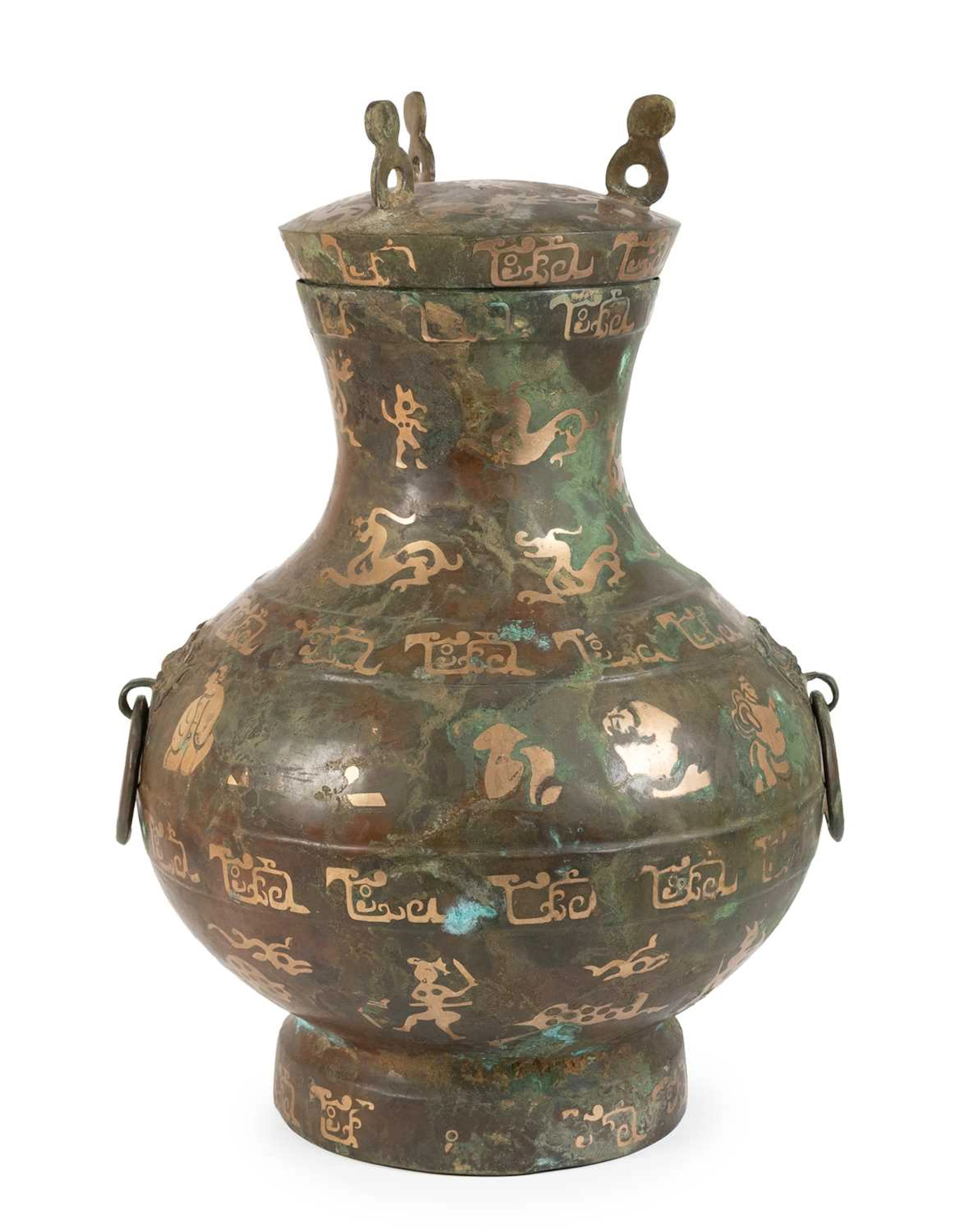 A Chinese Bronze Ritual Wine Vessel and Cover, Hu