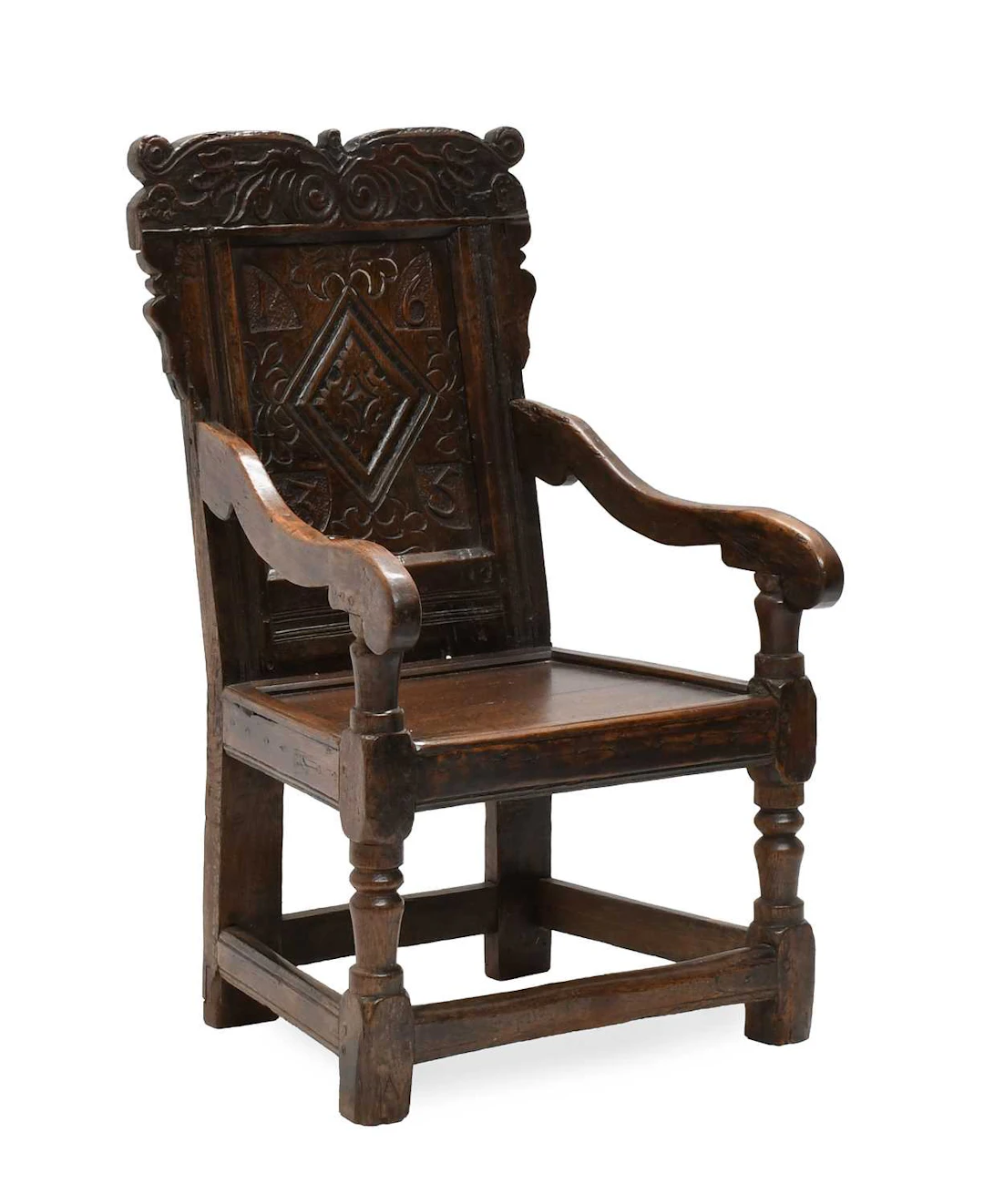 A 17th Century Joined Oak Wainscot-Type Armchair, dated 1635