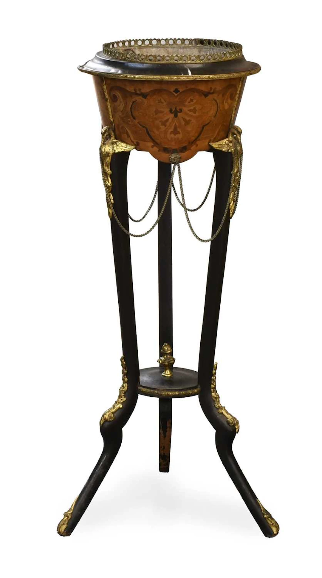 A French Style Marquetry Inlaid Walnut and Ebonised Jardiniere Stand