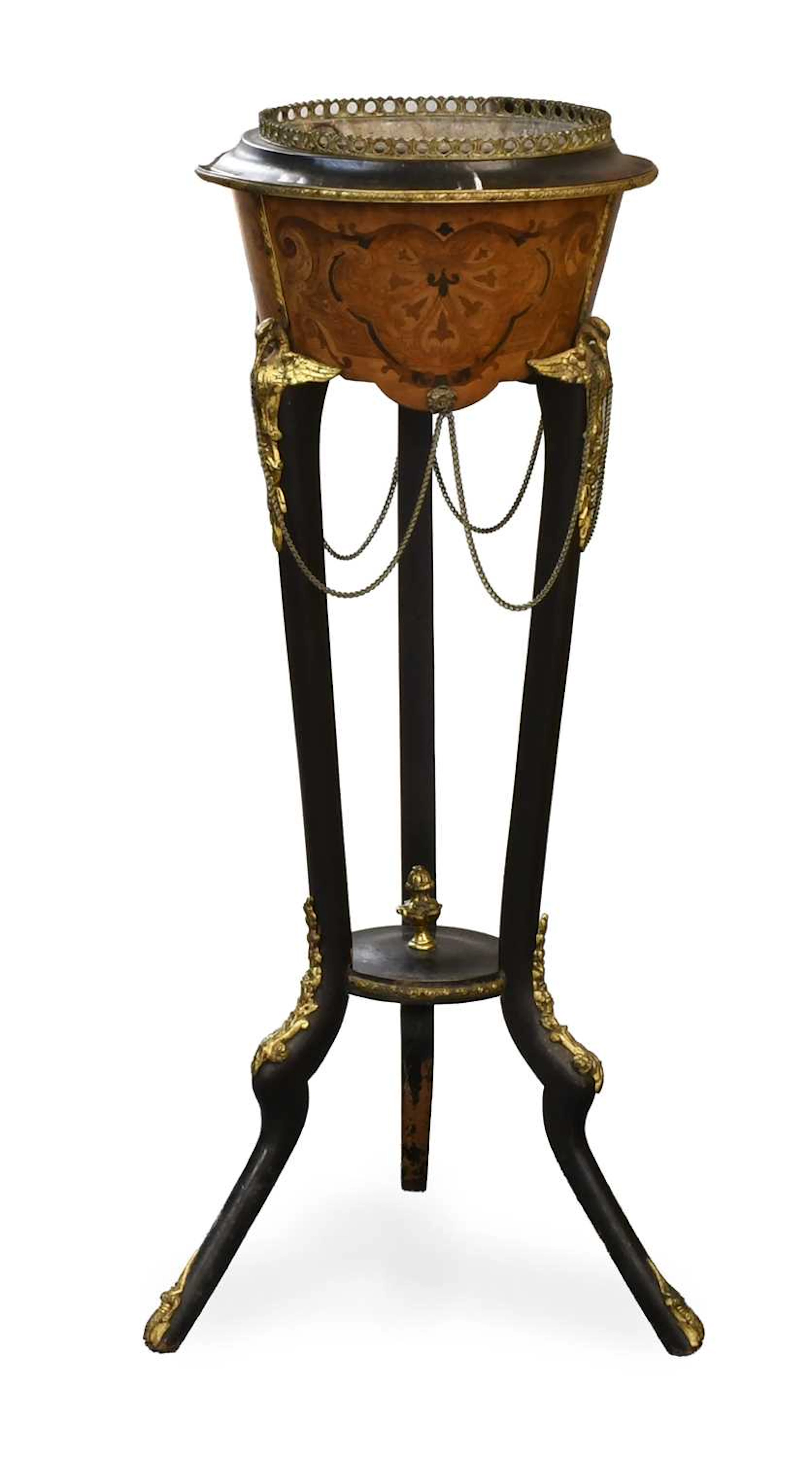 A French Style Marquetry Inlaid Walnut and Ebonised Jardiniere Stand