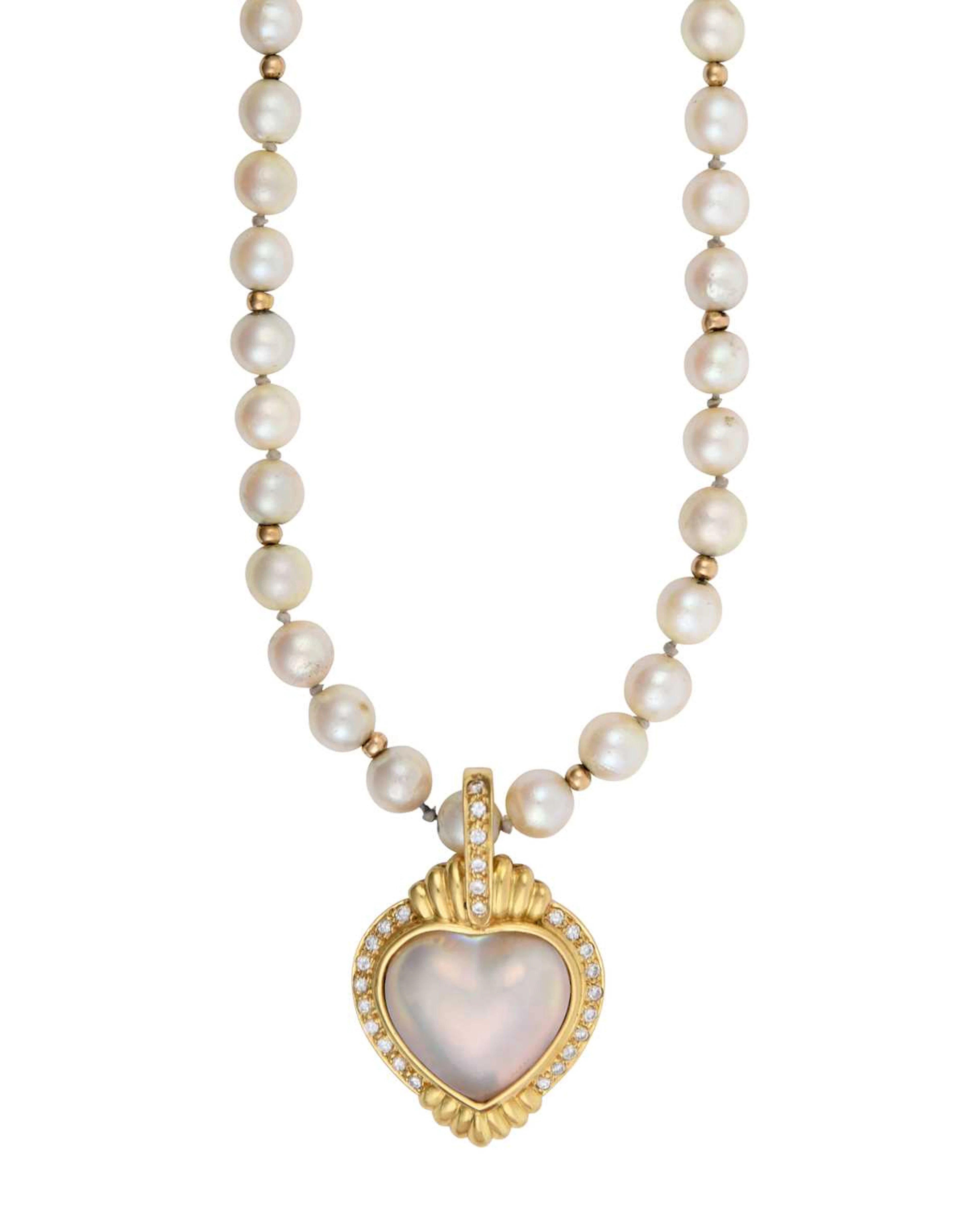 An 18 Carat Gold Mabé Pearl and Diamond Pendant on A Cultured Pearl Necklace