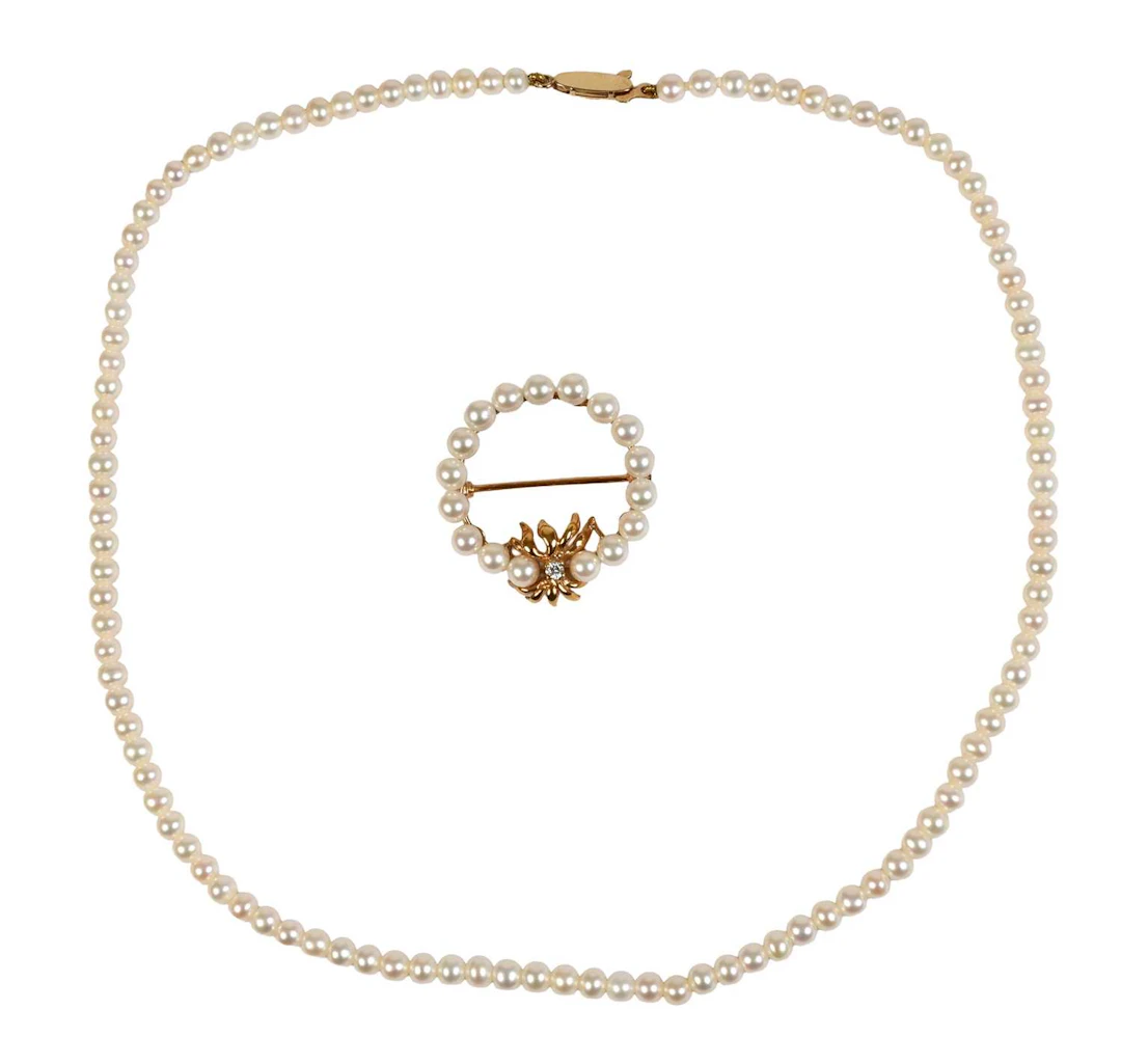 A 9 Carat Gold Diamond and Cultured Pearl Brooch, A Cultured Pearl Necklace
