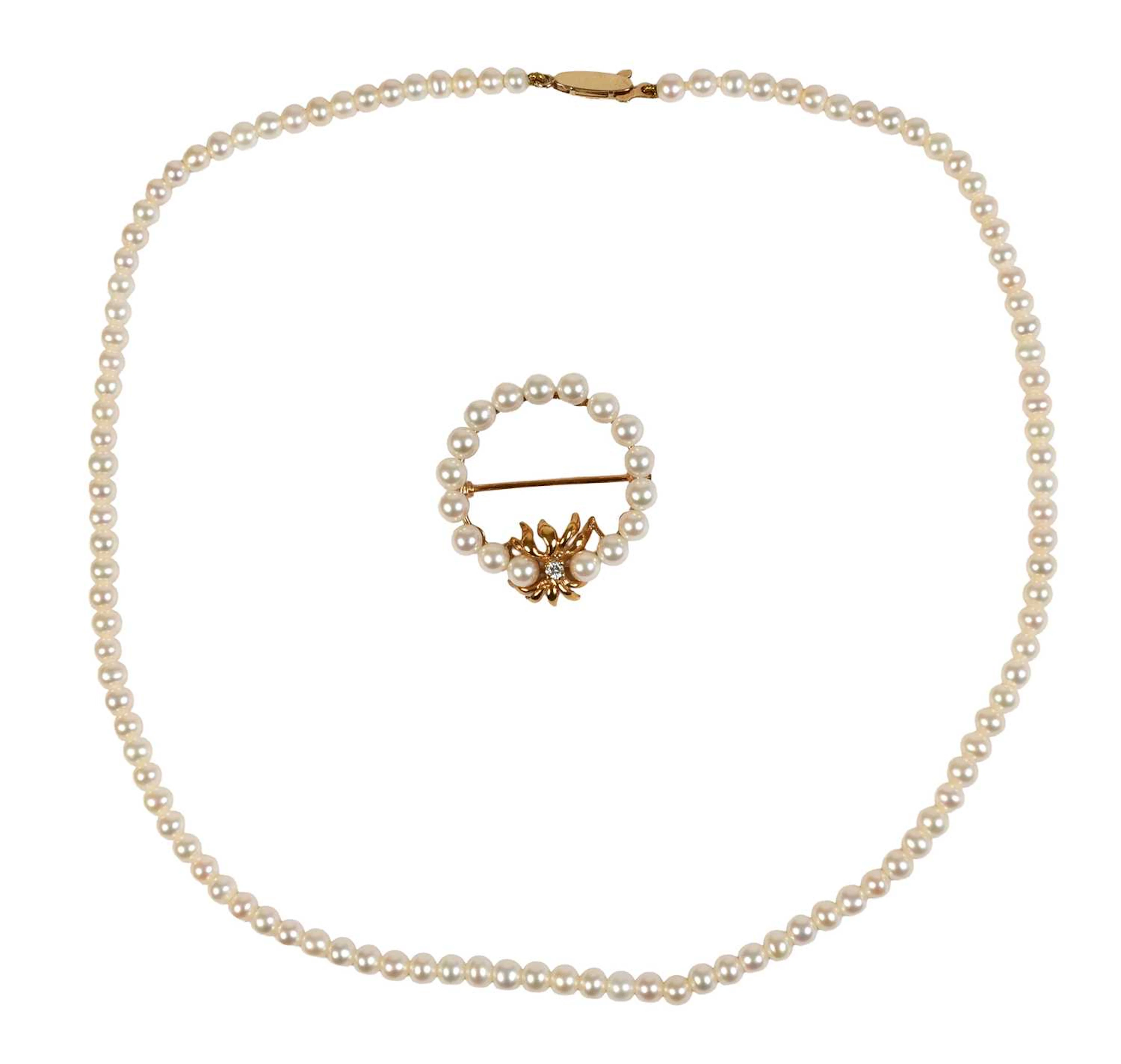 A 9 Carat Gold Diamond and Cultured Pearl Brooch, A Cultured Pearl Necklace