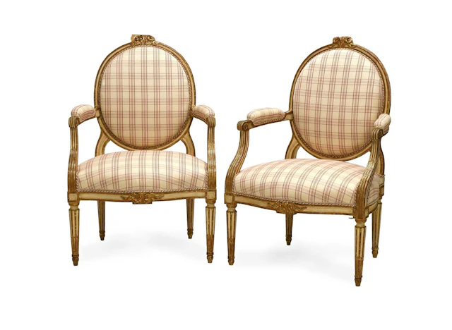 A Pair of Louis XVI Style Giltwood and Cream-Painted Fauteils