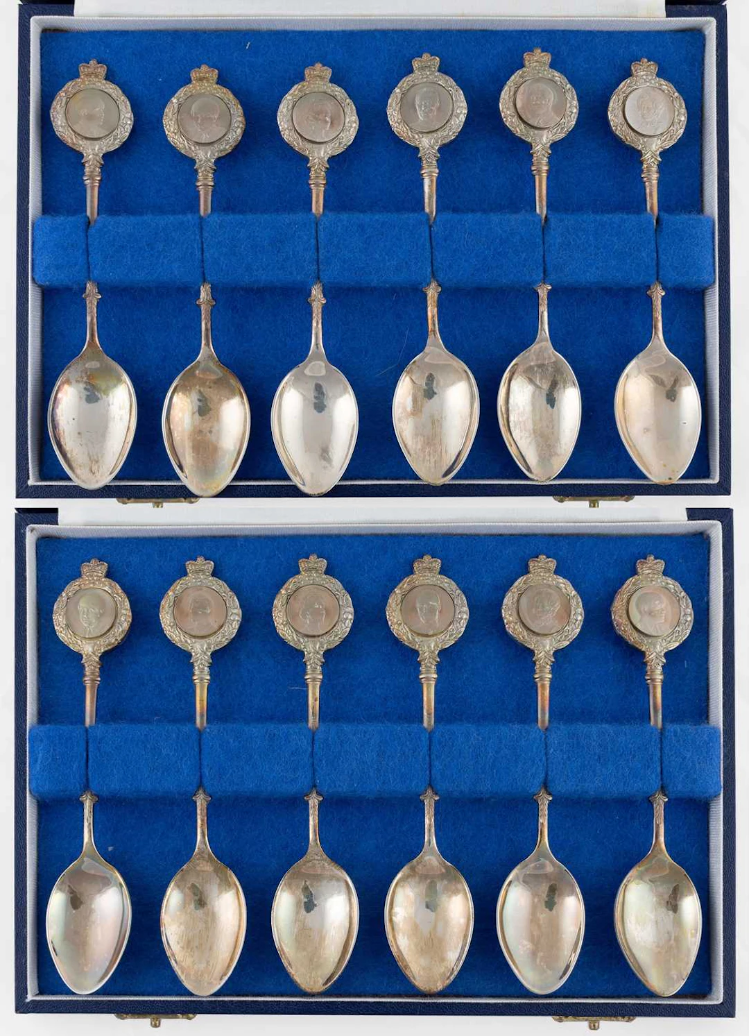 Two Cased Sets of Six Elizabeth II Silver Teaspoons, by Ernest Pobjoy