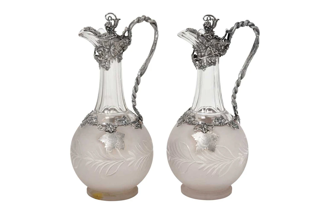 A Pair of Victorian Silver-Mounted Frosted and Cut-Glass Claret-Jugs