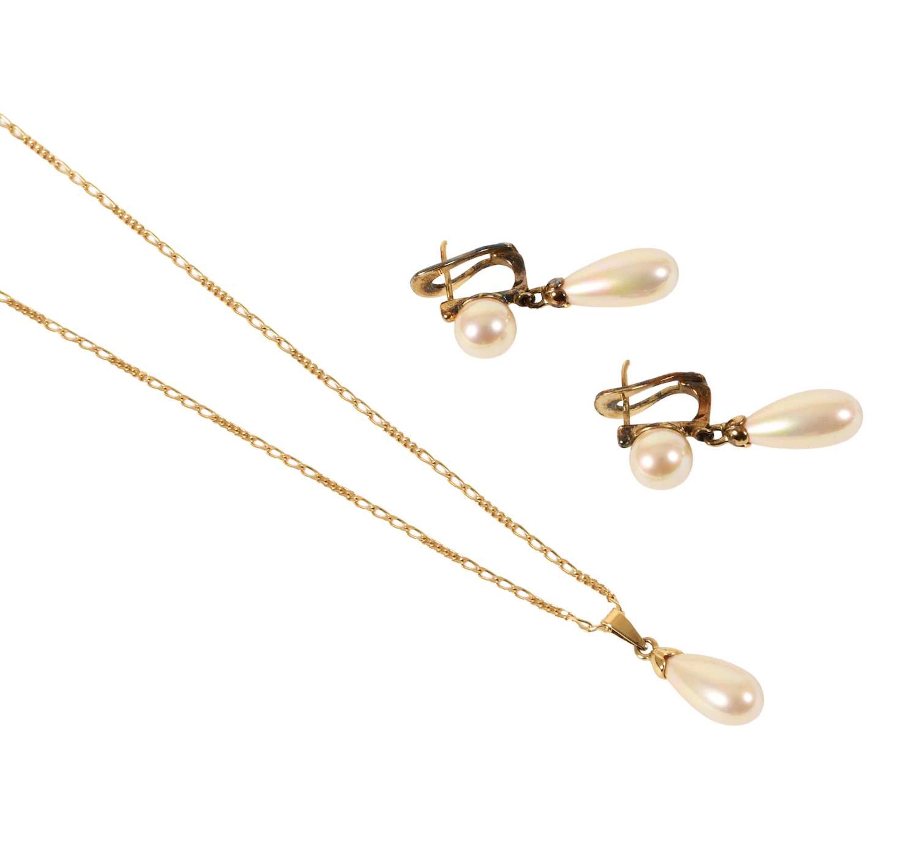 A Simulated Pearl Pendant on Chain, A Pair of Similar Earrings