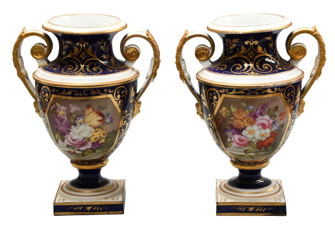 A Pair of Derby Floral Painted Porcelain Twin-Handled Vases