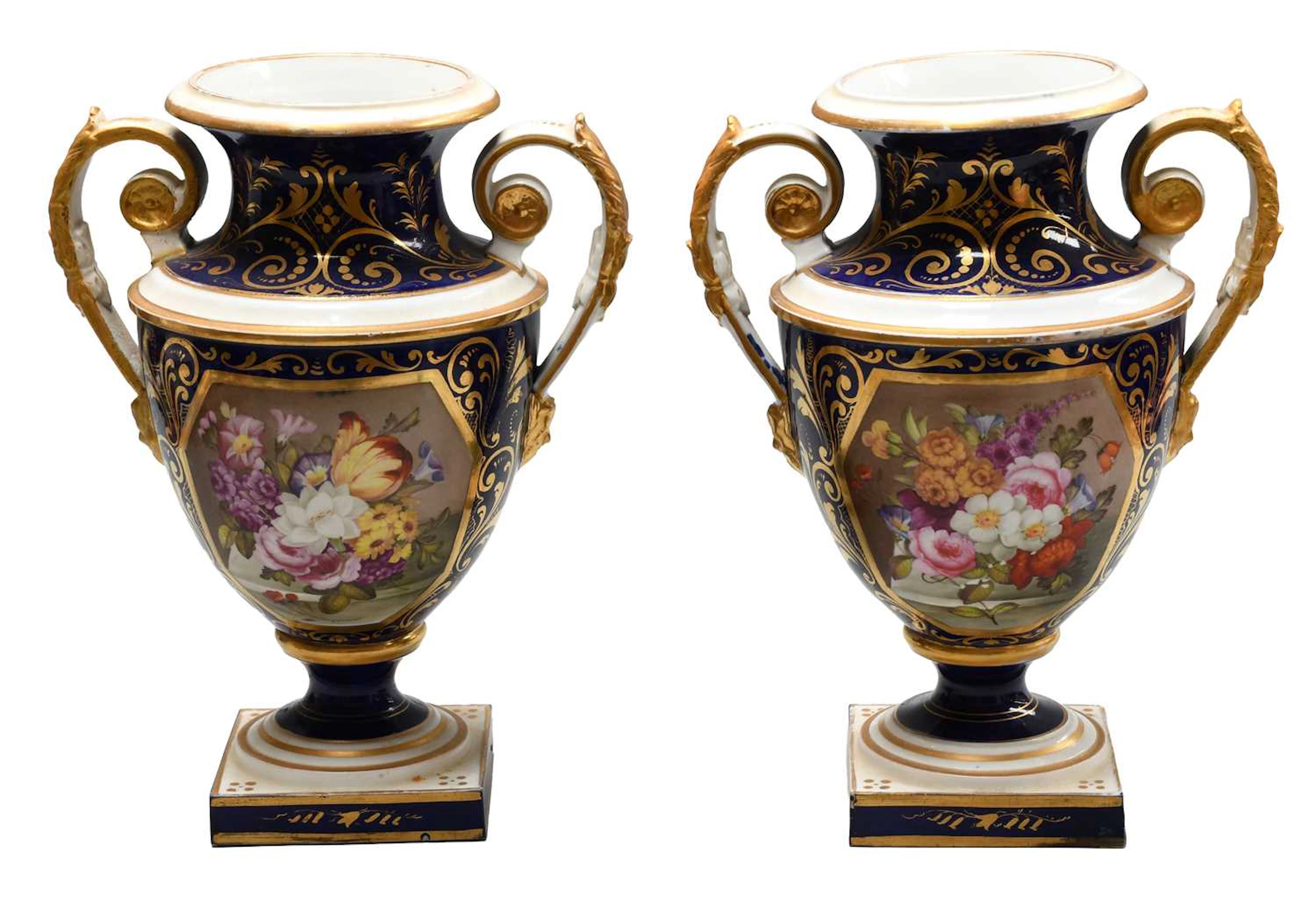 A Pair of Derby Floral Painted Porcelain Twin-Handled Vases