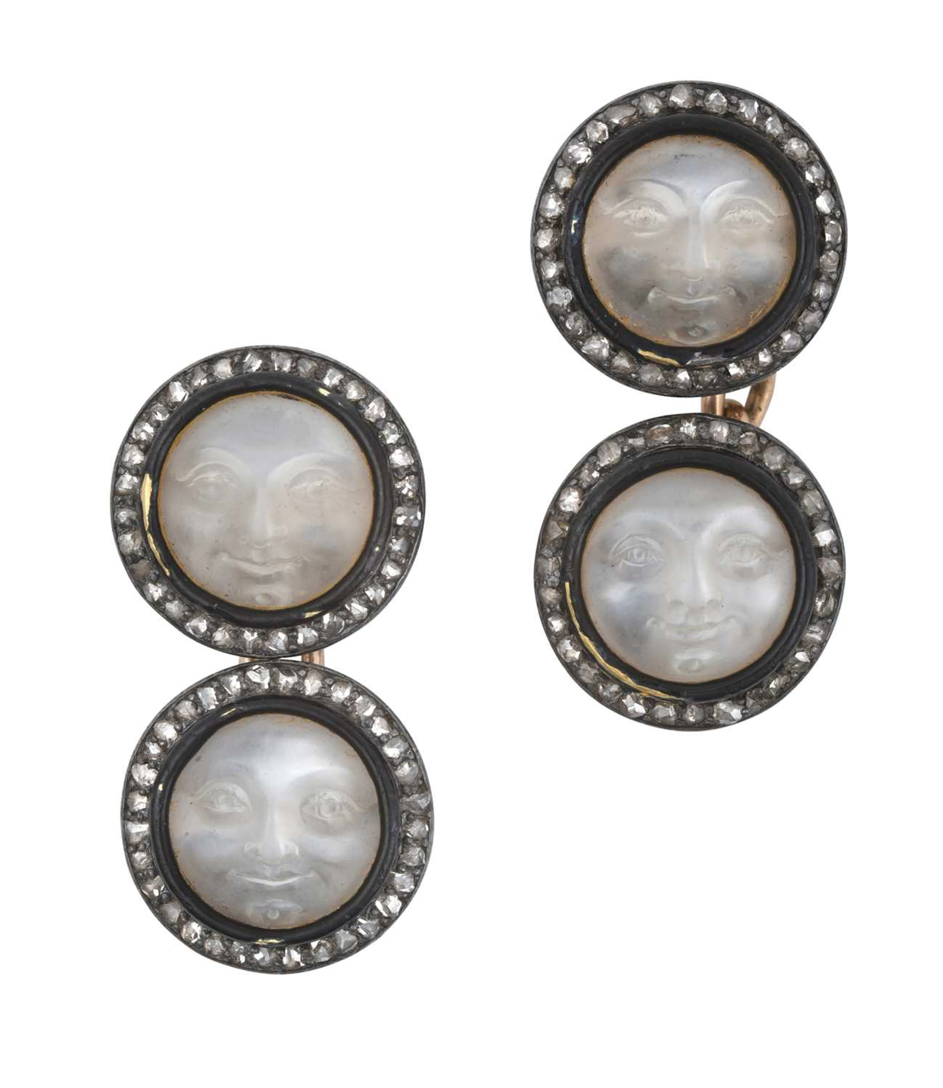A Pair of Early 20th Century Moonstone, Diamond and Enamel Cufflinks