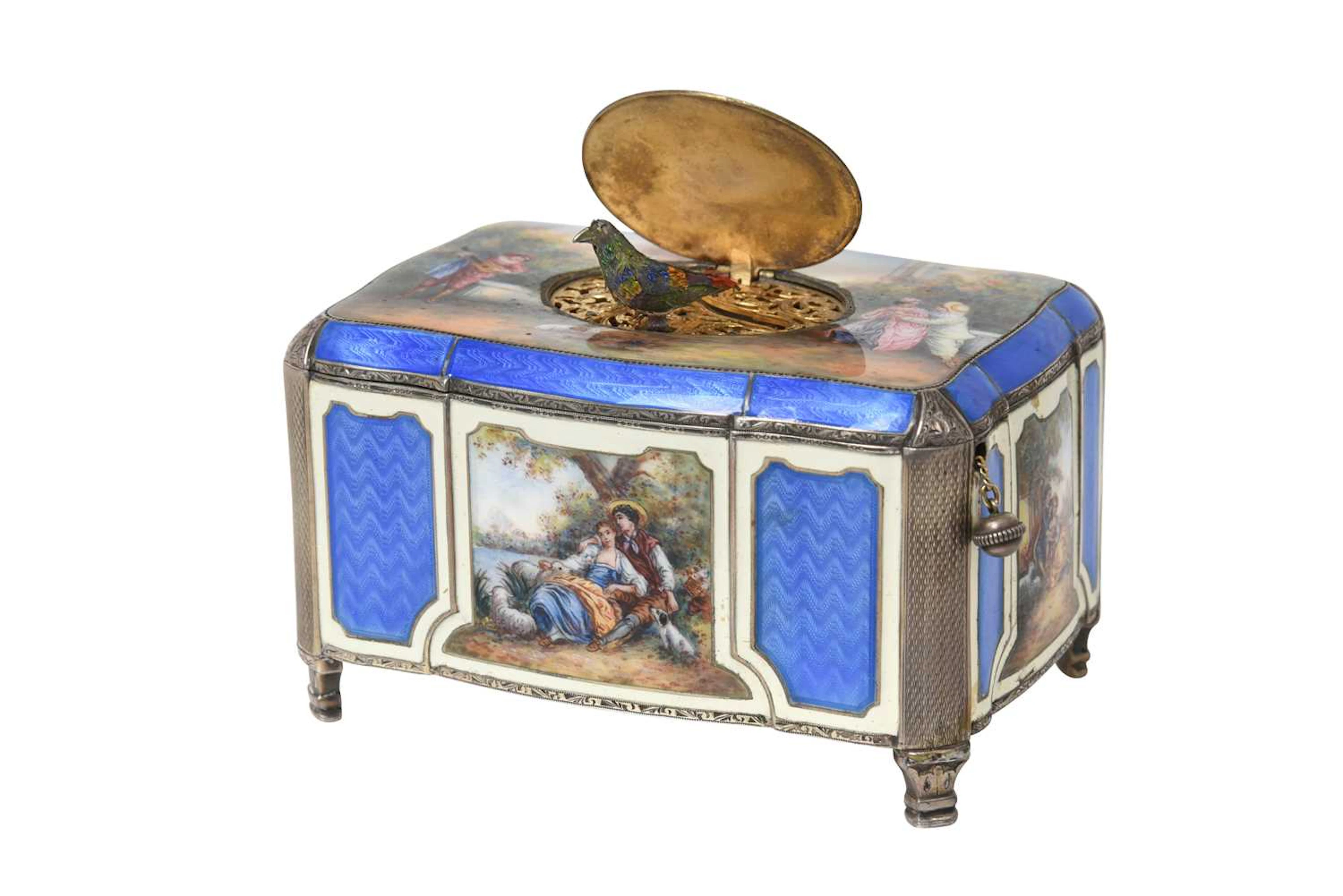 A Swiss Enamelled Silver Singing-Bird Box With English Import Marks