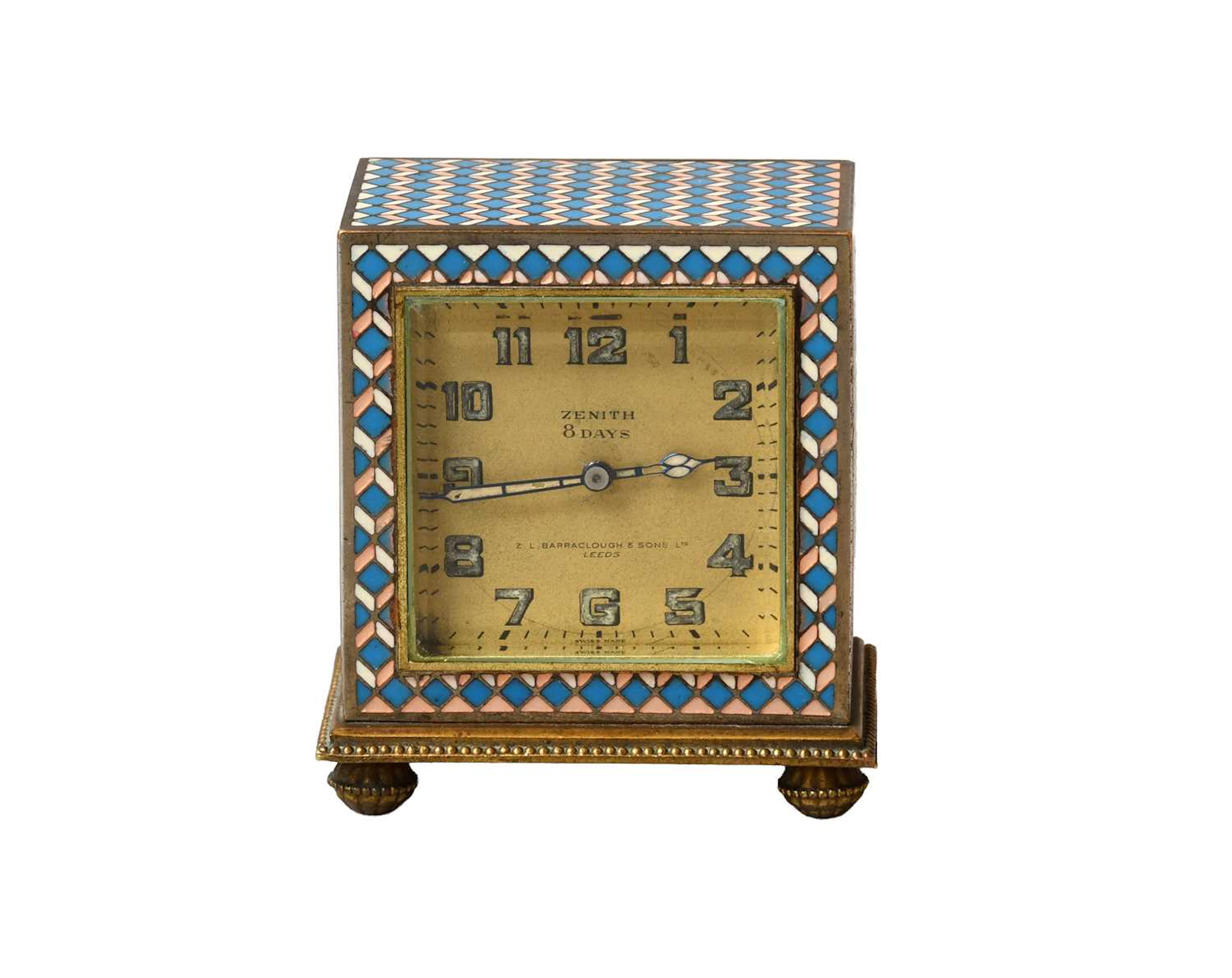 A Zenith Enamel Travelling Eight Day Timepiece, Retailed by Barraclough