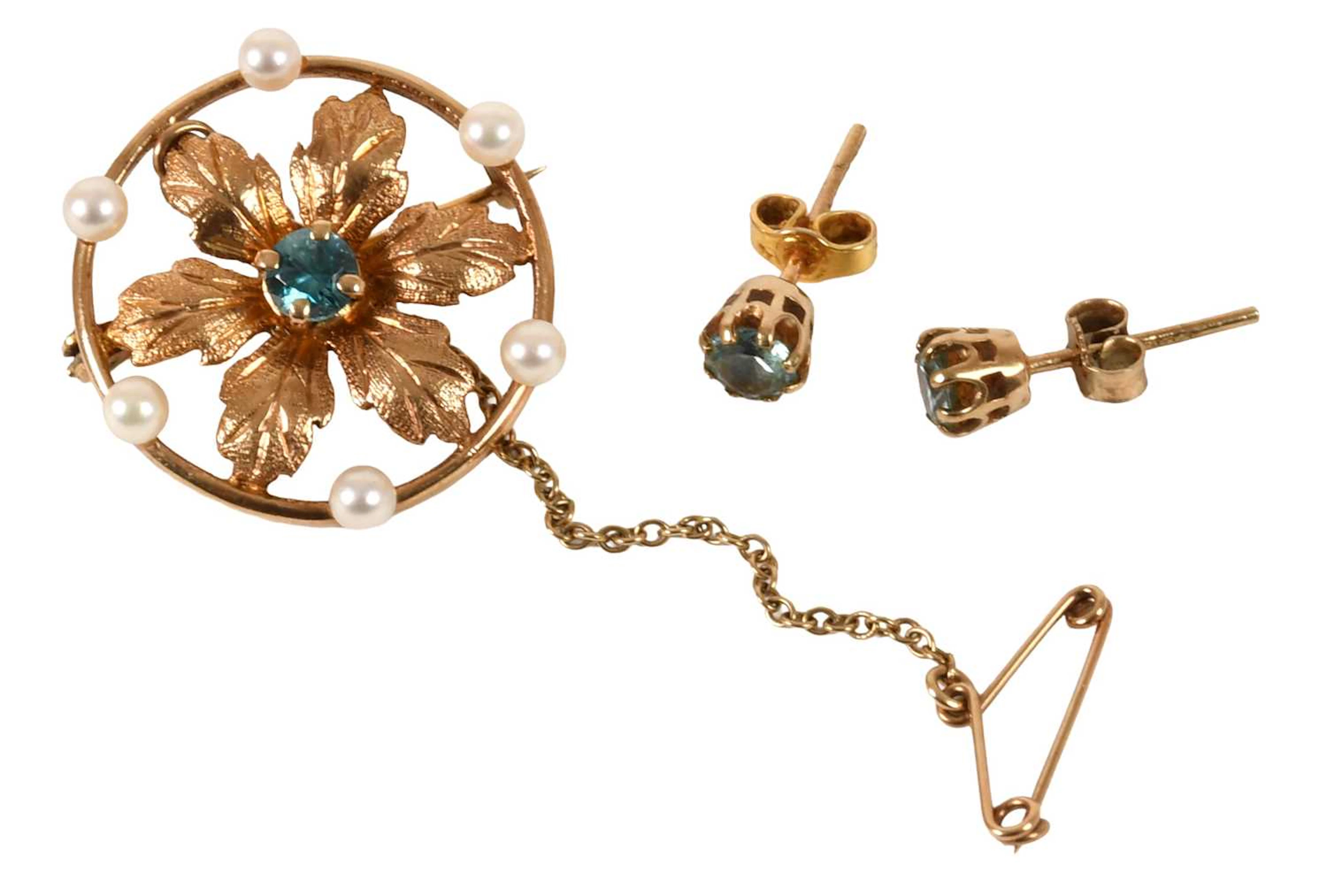 A 9 Carat Gold Blue Zircon and Cultured Pearl Brooch, A Pair of 9