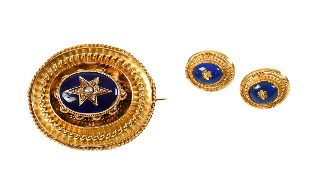 A Diamond, Split Pearl and Enamel Brooch, A Pair Lapis Lazuli Earrings