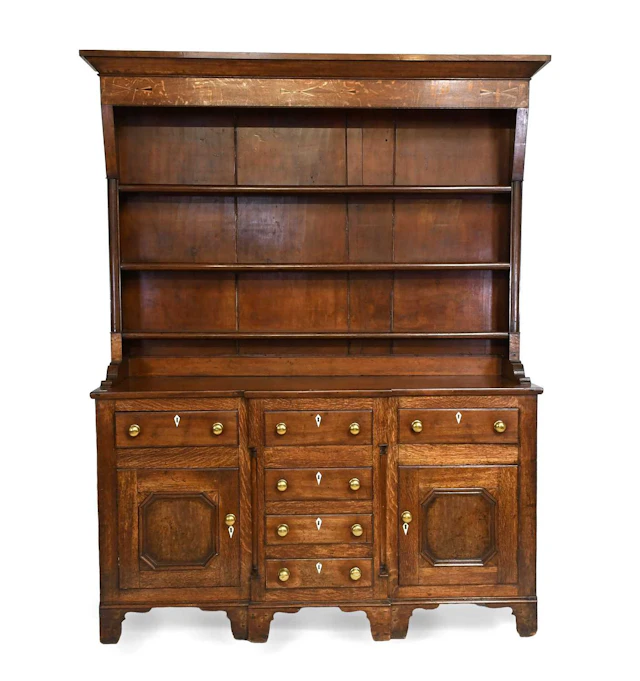 A George III Oak and Mahogany Crossbanded Enclosed Dresser and Rack