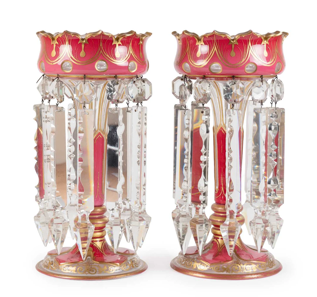 A Pair of Bohemian Pink and White Overlay Clear Glass Lustres, circa 1860