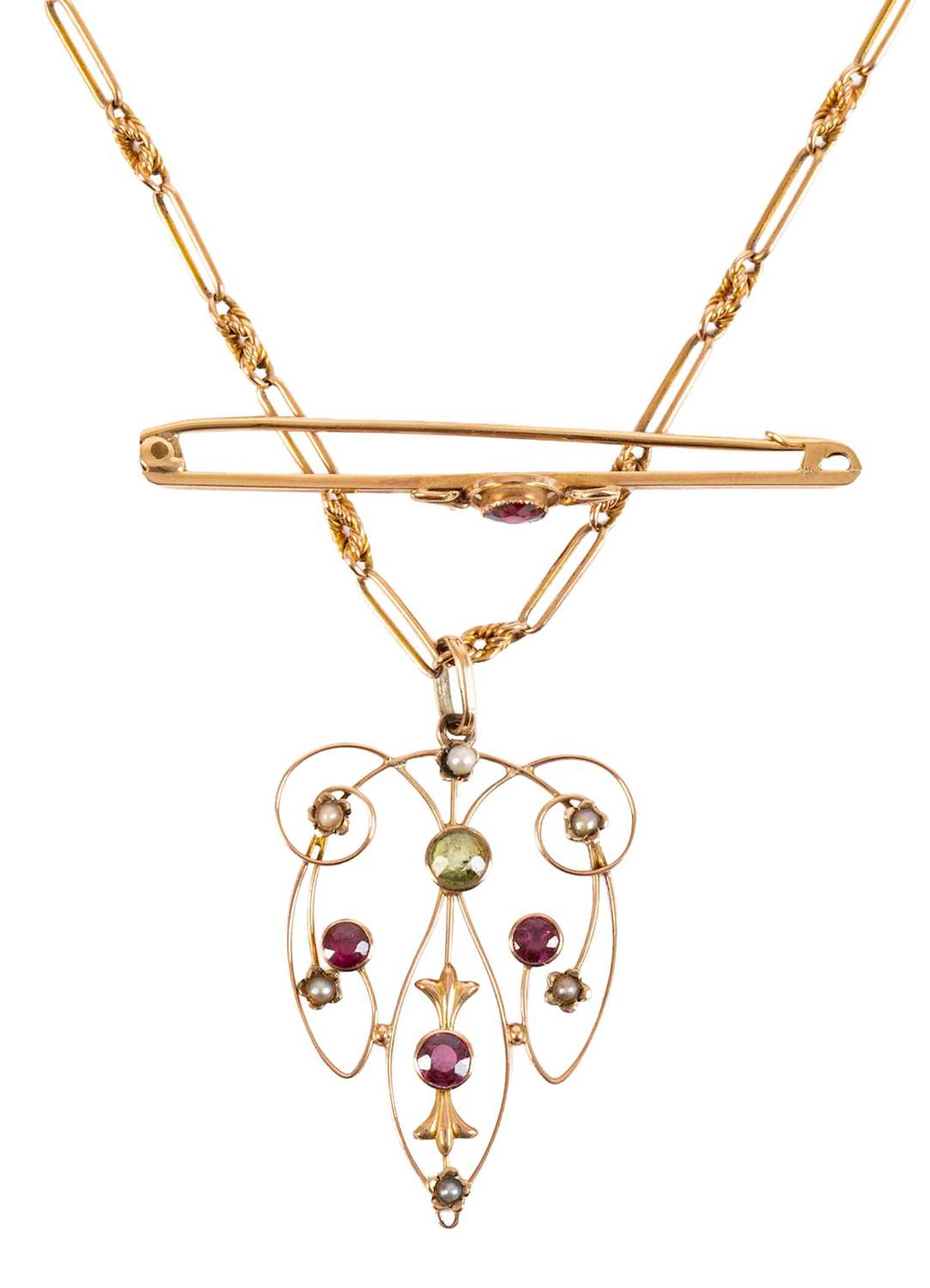 A Peridot, Garnet and Seed Pearl Pendant on Chain, A Garnet Bar Brooch