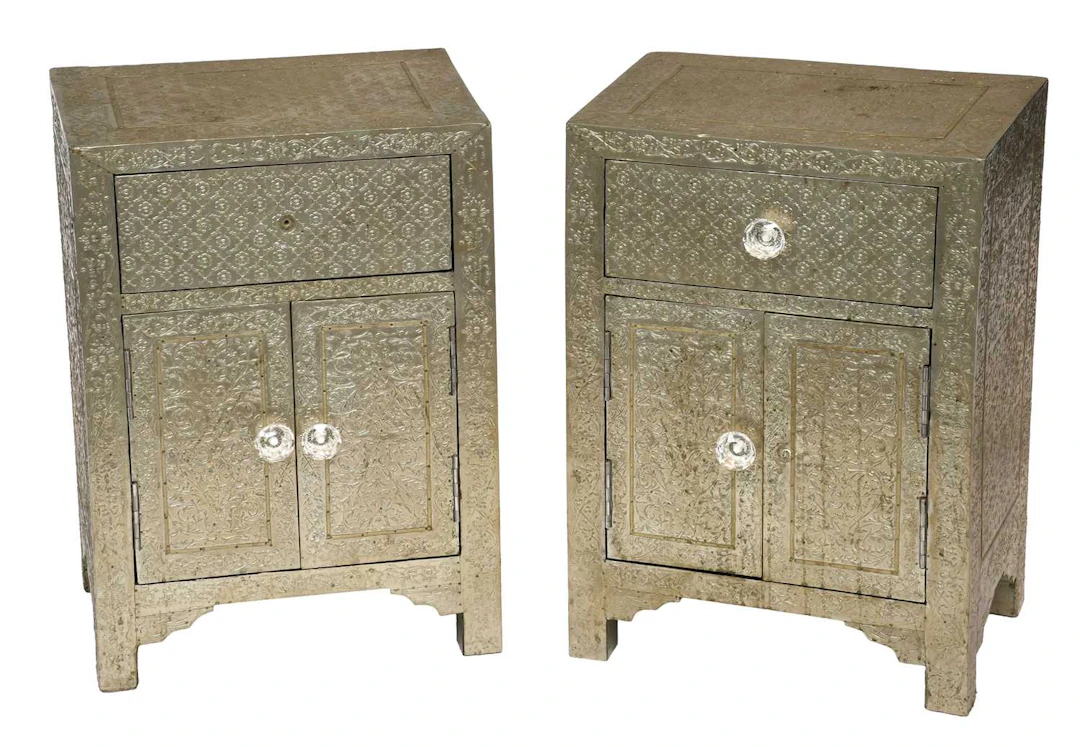 A Pair of Indian Silvered Metal Mounted Bedside Cabinets