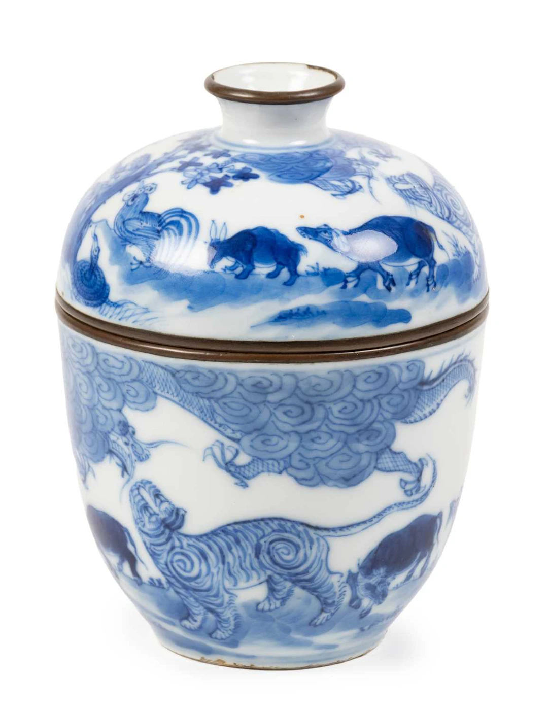 A Chinese Metal-Mounted "Boeu de Hue" Porcelain Bowl and Cover, 19th century