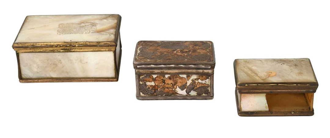 A Louis XV or Louis XVI Silver-Mounted Mother-of-Pearl Snuff-Box, Together With