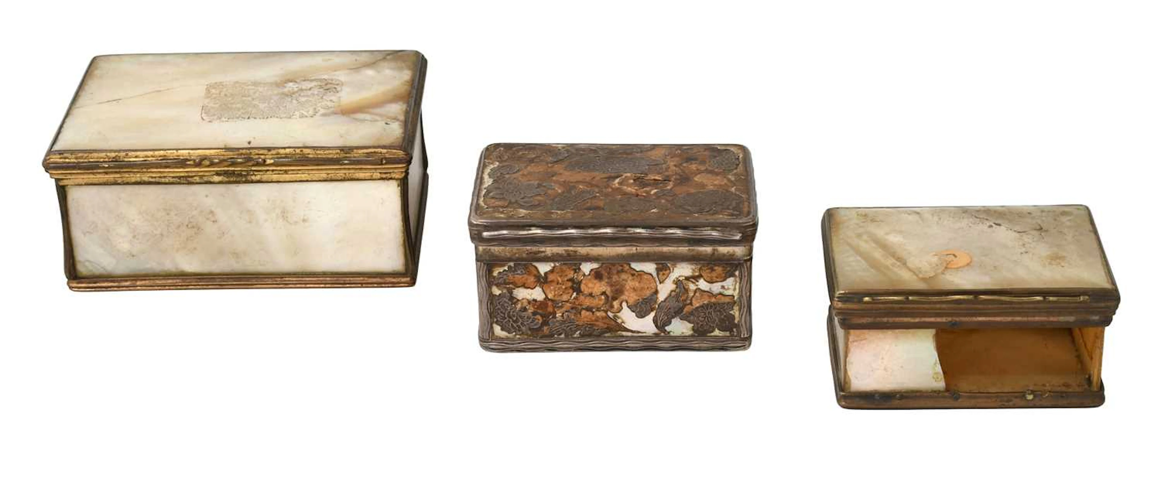 A Louis XV or Louis XVI Silver-Mounted Mother-of-Pearl Snuff-Box, Together With