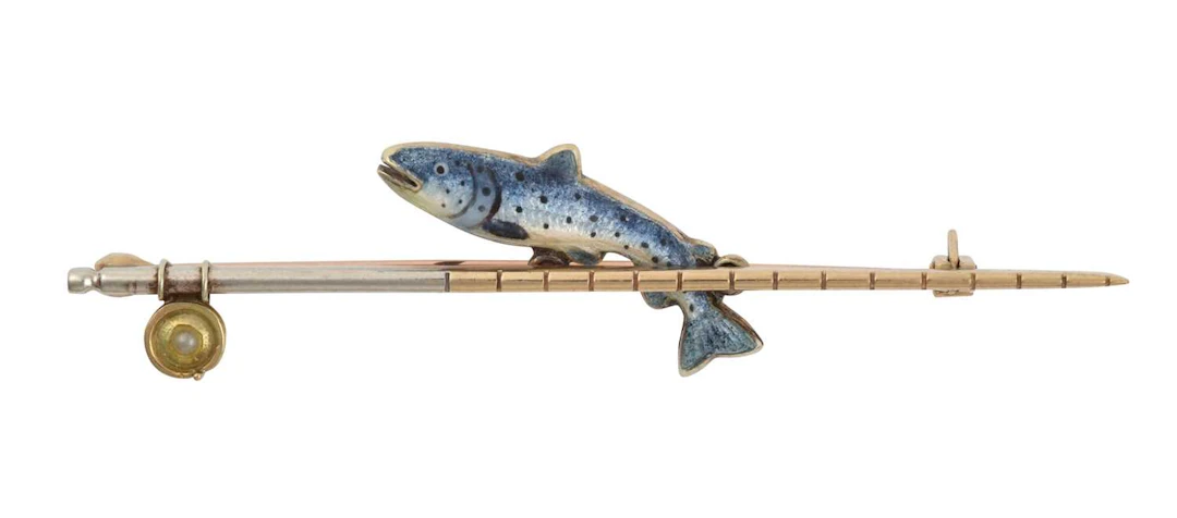 A 9 Carat Gold Enamel Fish and Fishing Rod Bar Brooch