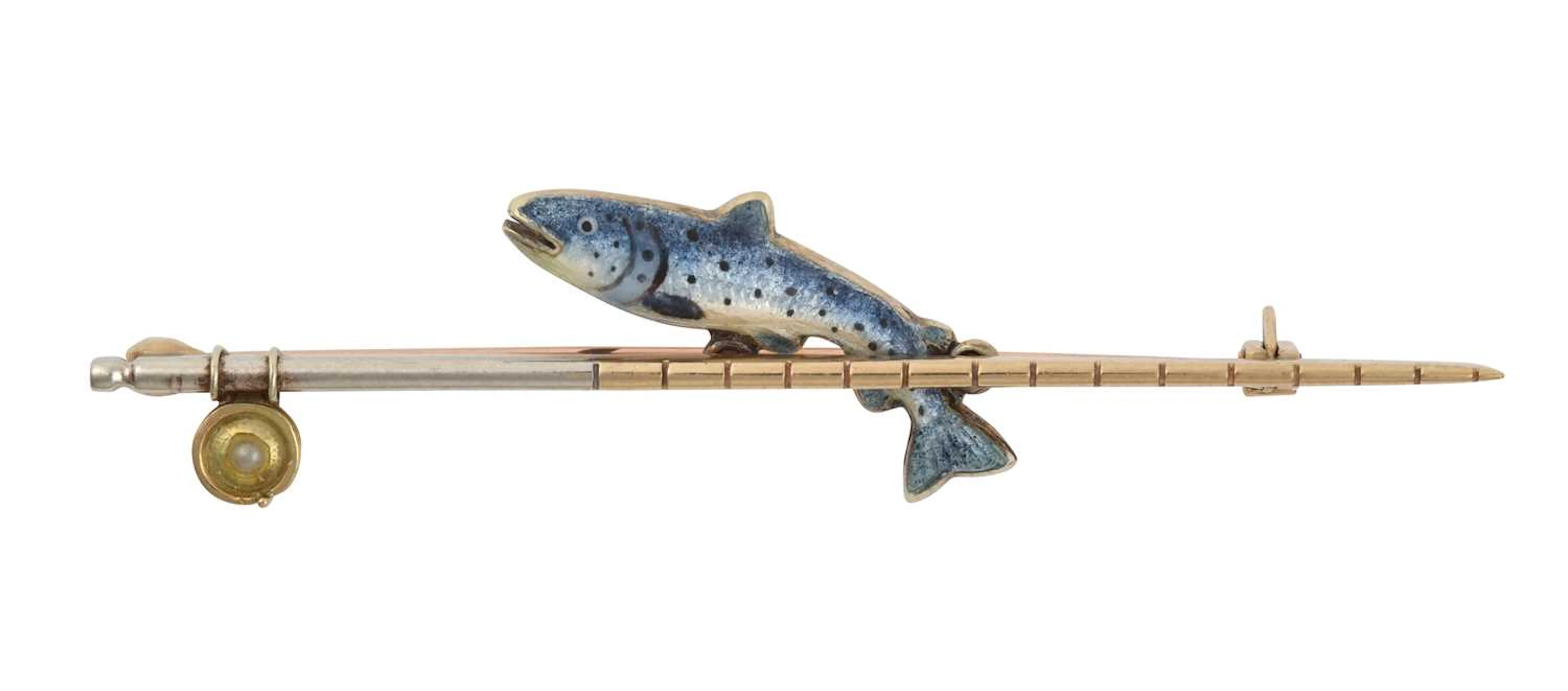 A 9 Carat Gold Enamel Fish and Fishing Rod Bar Brooch