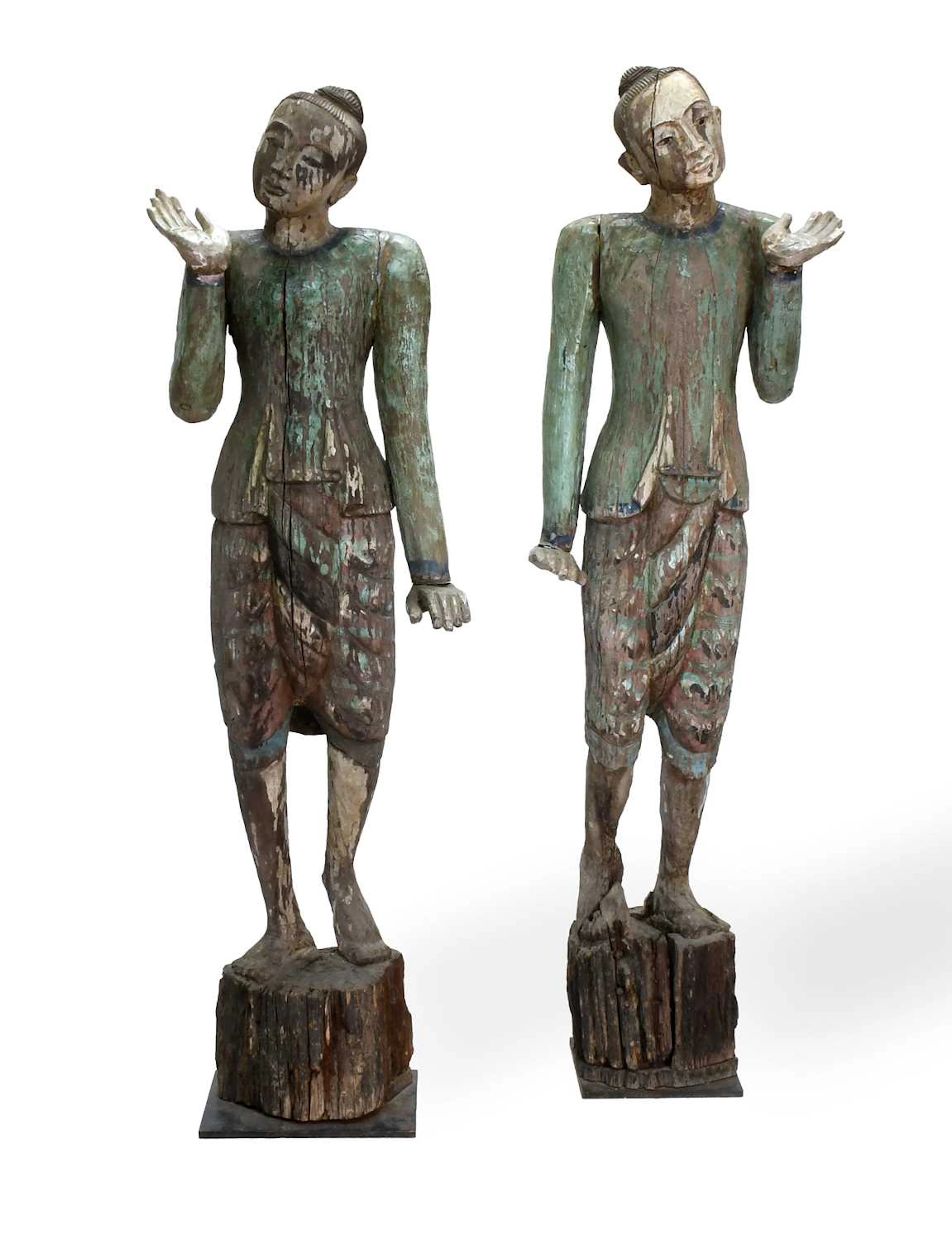 A Pair of 19th Century Carved Wood and Green-Painted Gong Holders