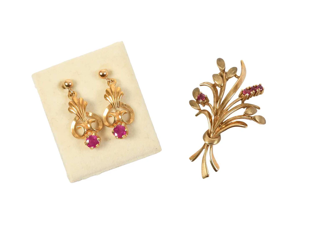 A Ruby Spray Brooch, A Pair of 9 Carat Gold Ruby Earrings