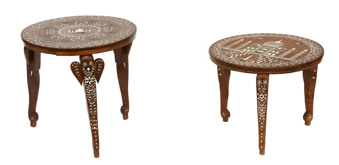 Two Circular Camel Bone Inlaid Indian Occasional Tables