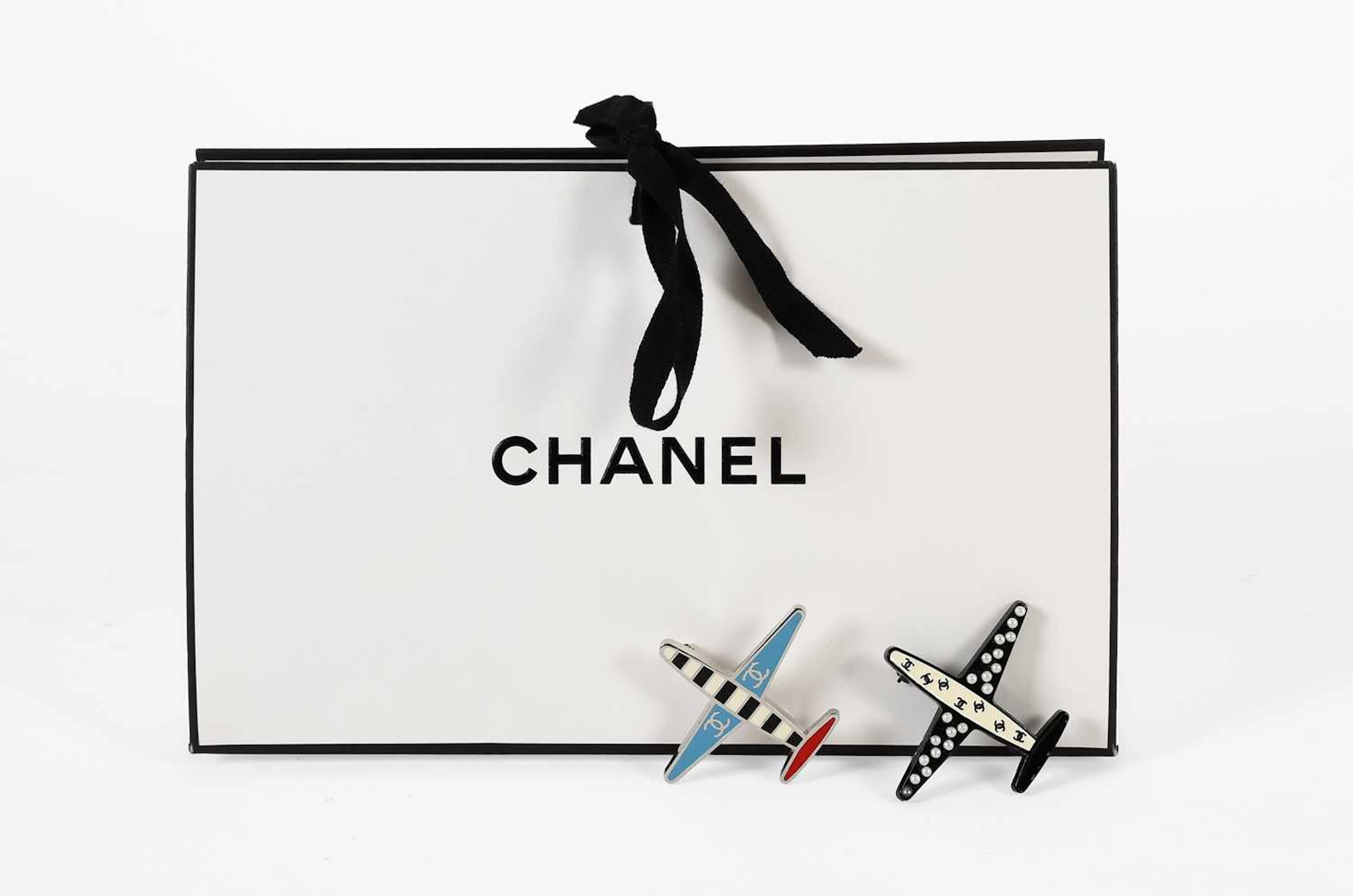 Two Chanel Enamel and Simulated Pearl Aeroplane Pins