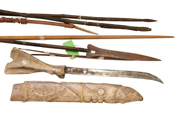 An Unusual Inuit Sword, an Inuit Harpoon, two British Lances, a Masai