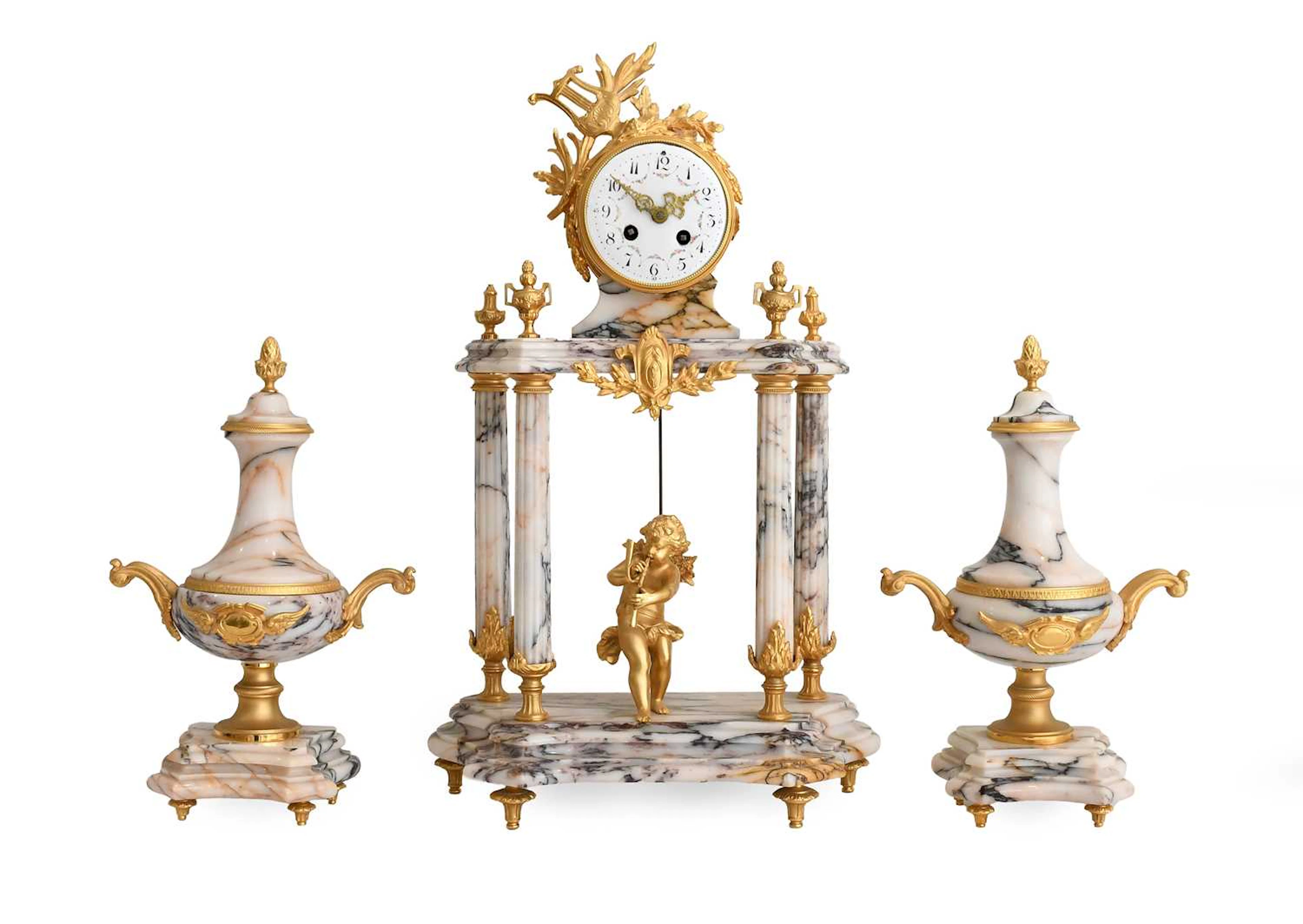 A French Gilt Metal and Marble Striking Portico Mantel Clock Garniture