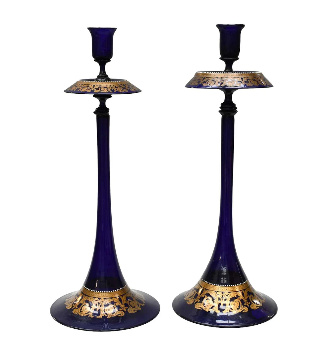 A, air of Blue Glass Altar-Style Candlesticks