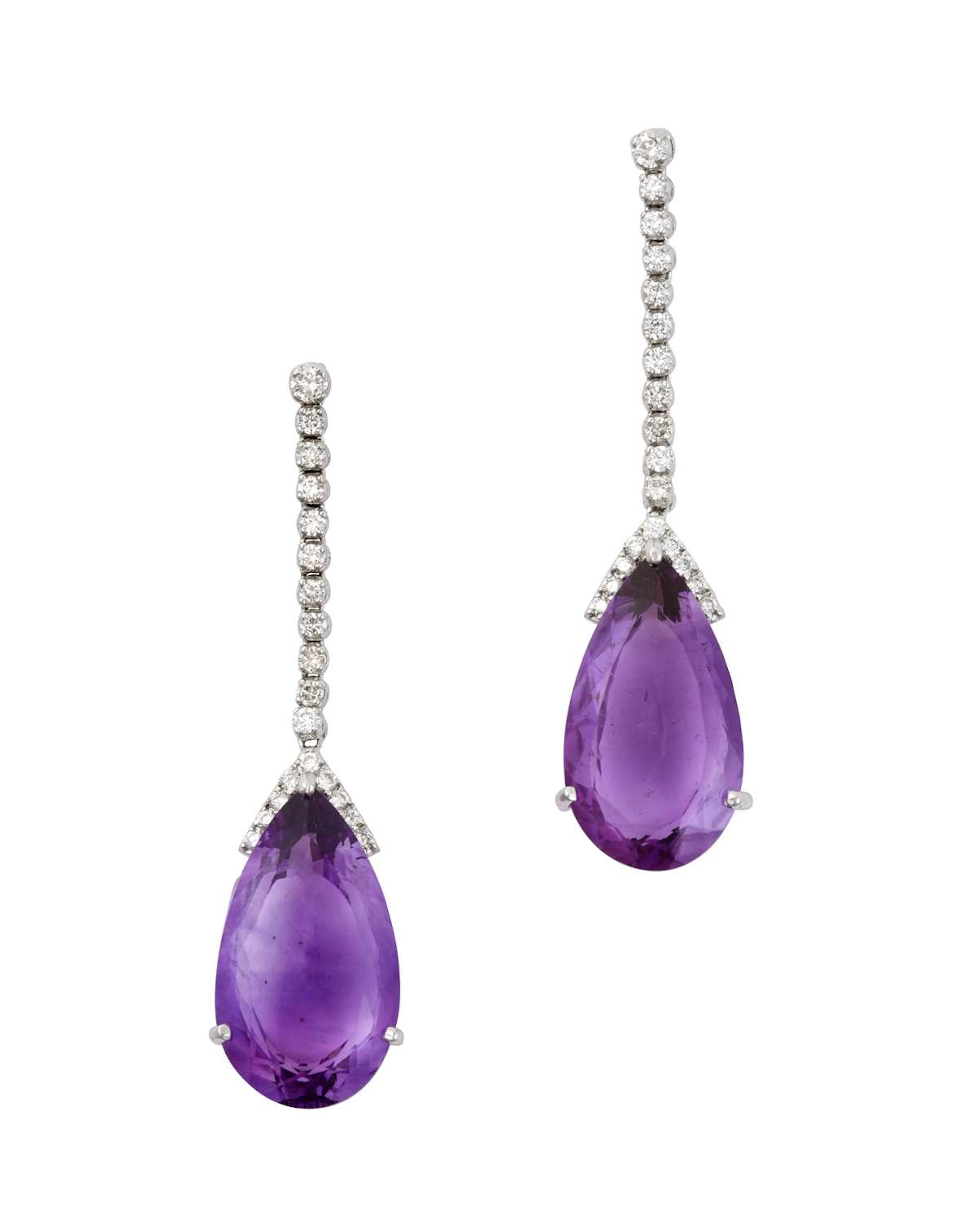 A Pair of 18 Carat White Gold Amethyst and Diamond Drop Earrings