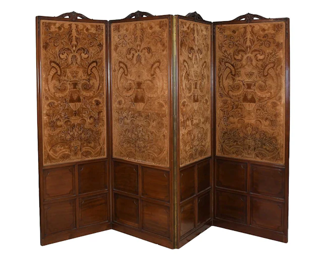 A Victorian Carved Mahogany Four-Leaf Dressing Screen, late 19th century