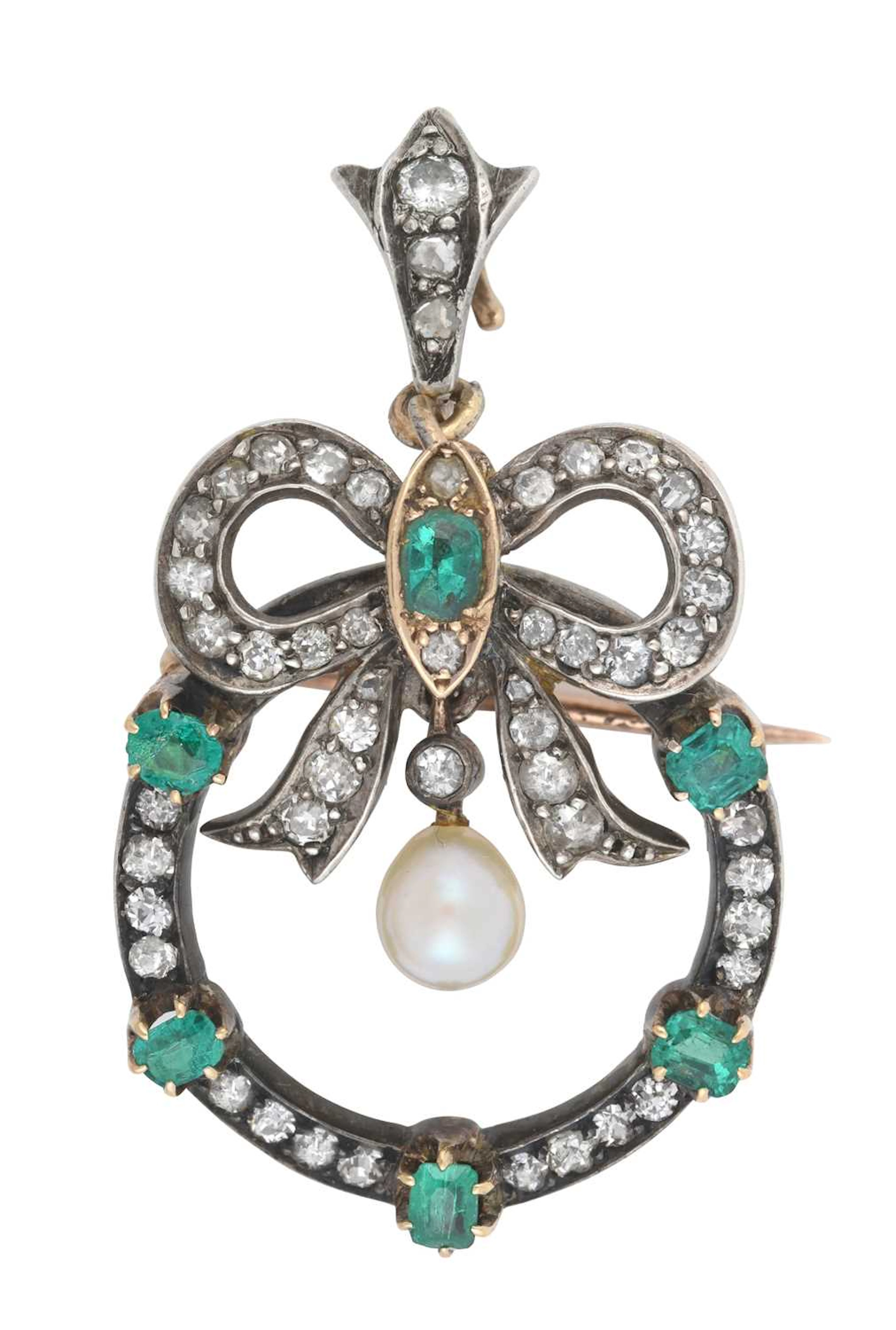 A Late 19th Century Emerald, Diamond and Pearl Brooch/Pendant