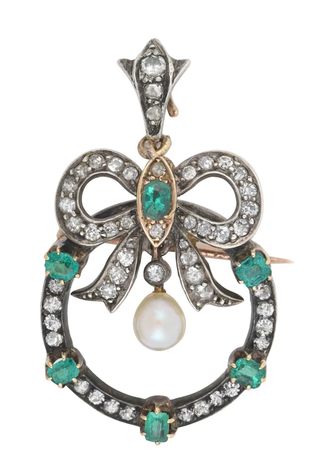 A Late 19th Century Emerald, Diamond and Pearl Brooch/Pendant