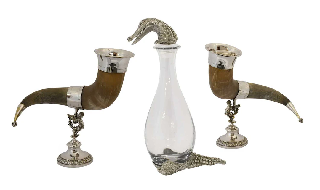 Two German Silver Plate-Mounted Horn Vessels, Together With