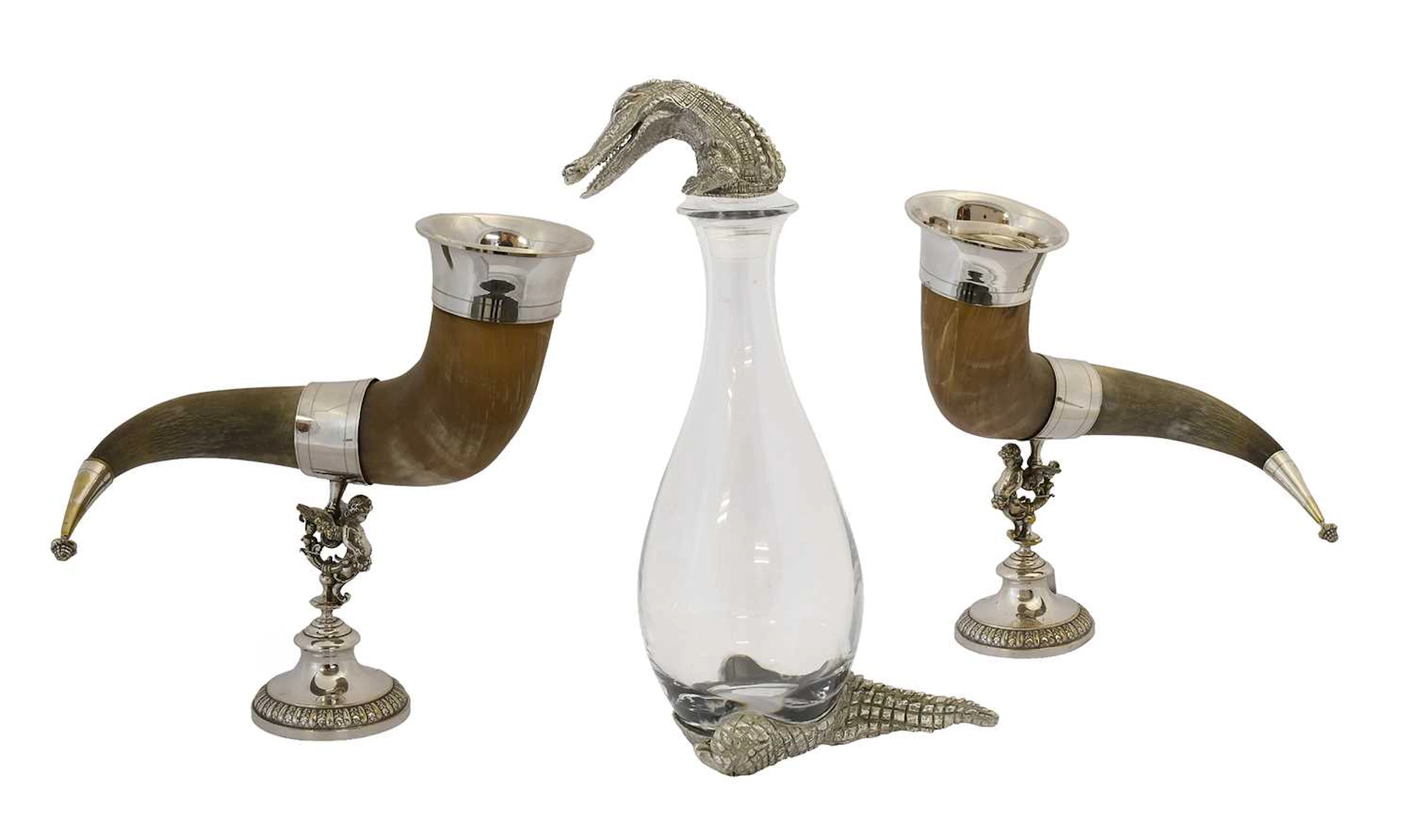 Two German Silver Plate-Mounted Horn Vessels, Together With