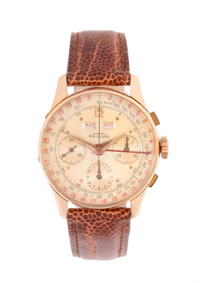 Guinand: An 18 Carat Gold Triple Calendar Chronograph Wristwatch